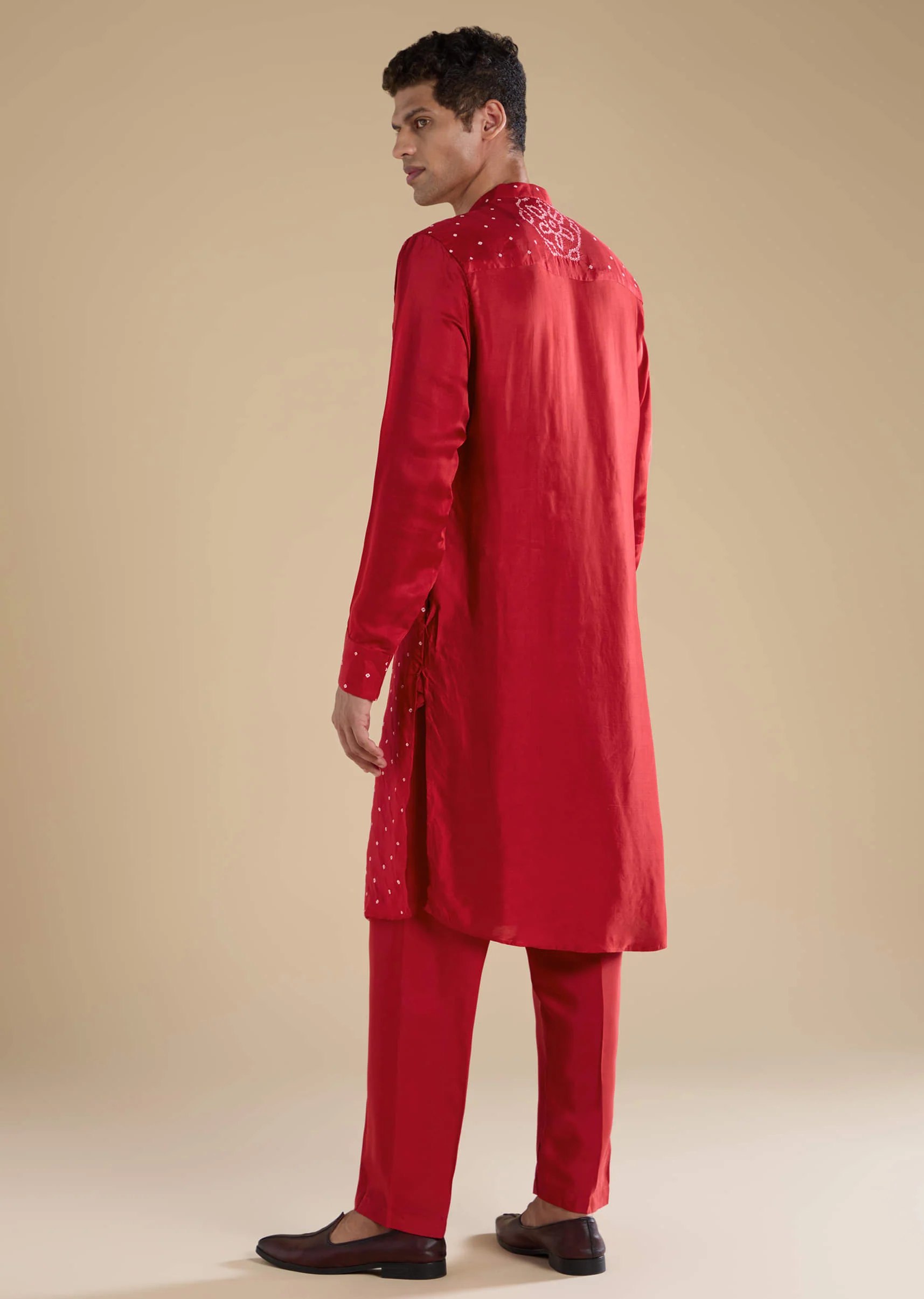 Red Pure Bandhani Silk Mens Straight Kurta Pant Set - Image 5