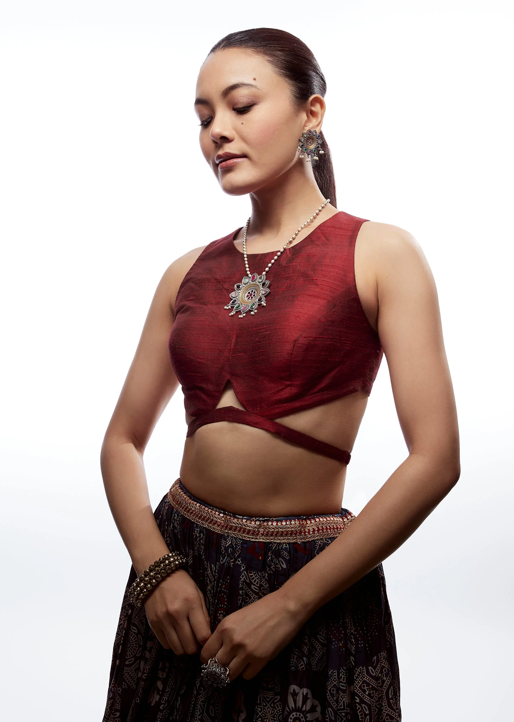 Red Raw Silk Boat Neck Blouse