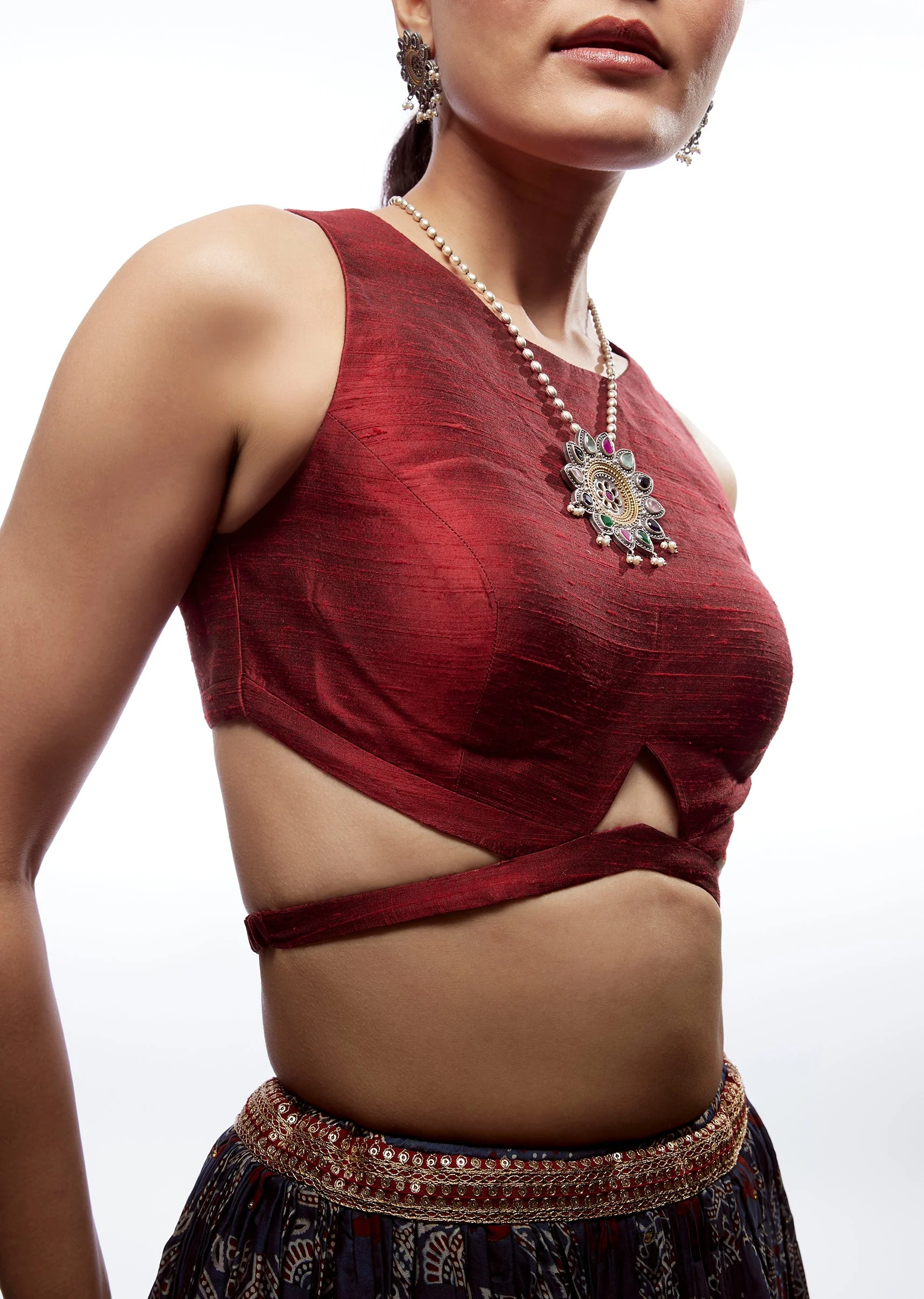 Red Raw Silk Boat Neck Blouse - Image 3