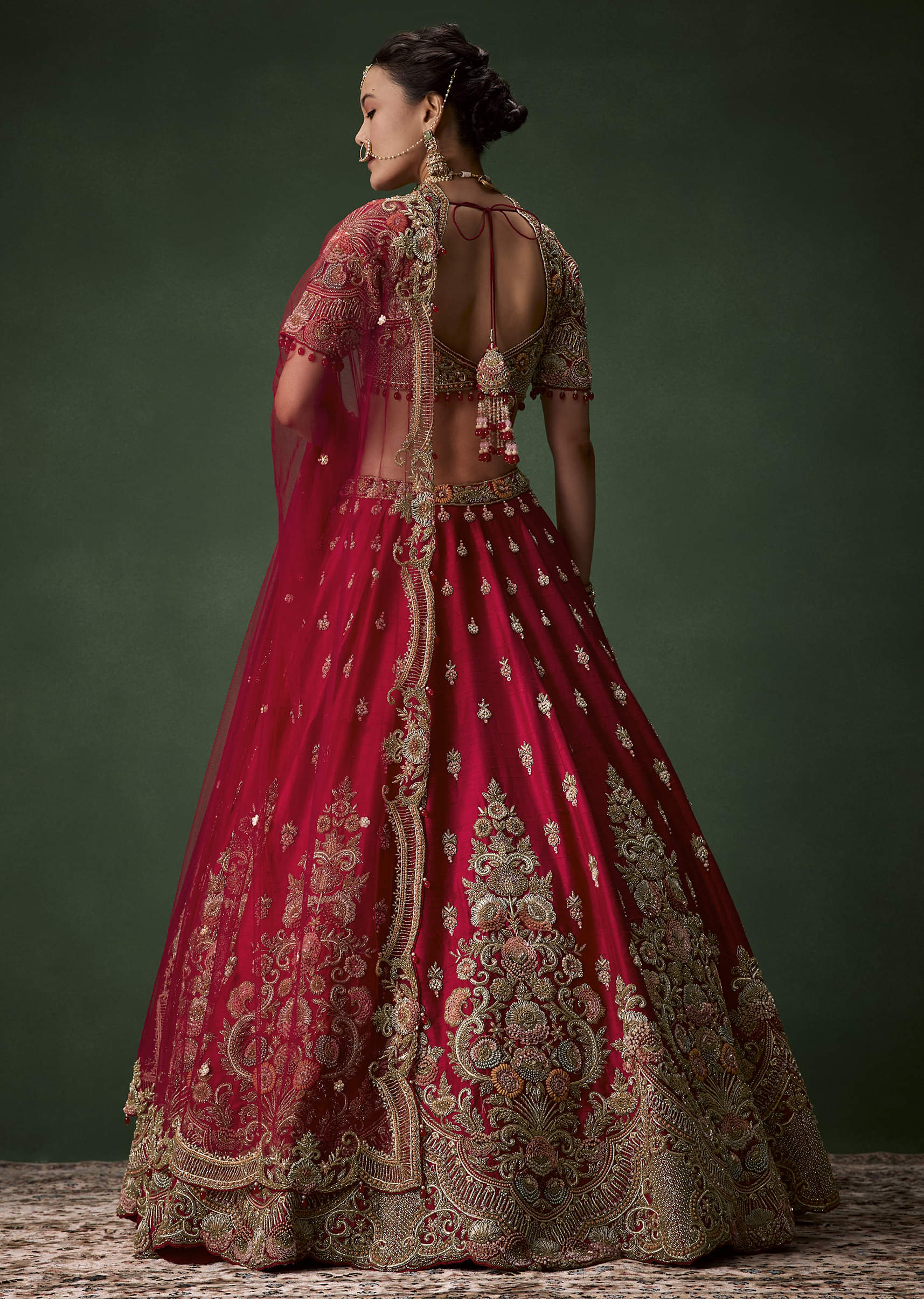 Red Raw Silk Bridal Lehenga Set with Two Dupattas - Image 2