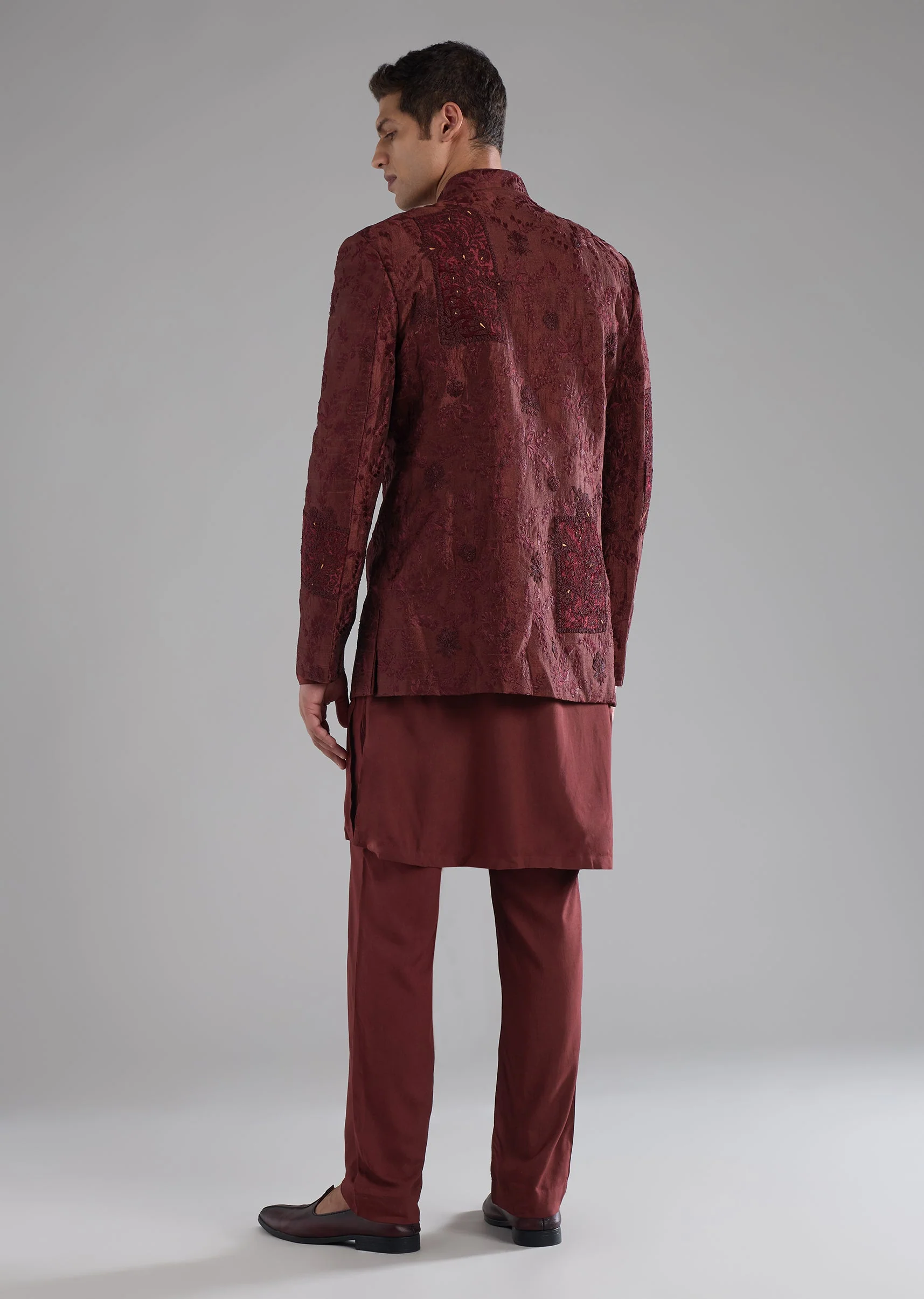 Red Raw Silk Embroidered Indowestern Kurta Set - Image 5