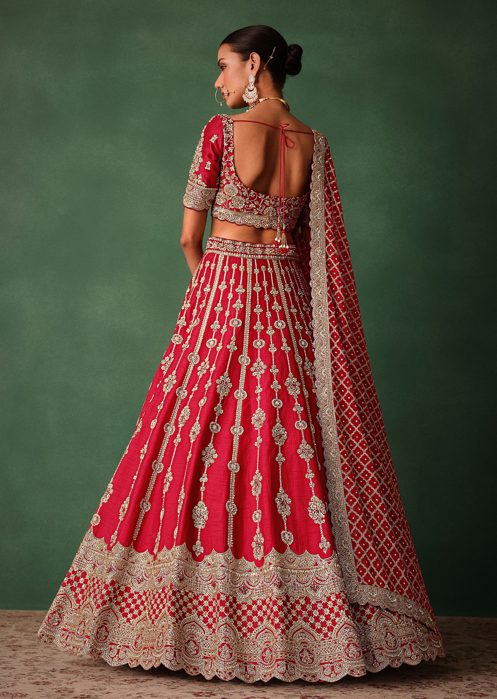 Red Raw Silk Hand Embroidered Lehenga With Net Dupatta - Image 5