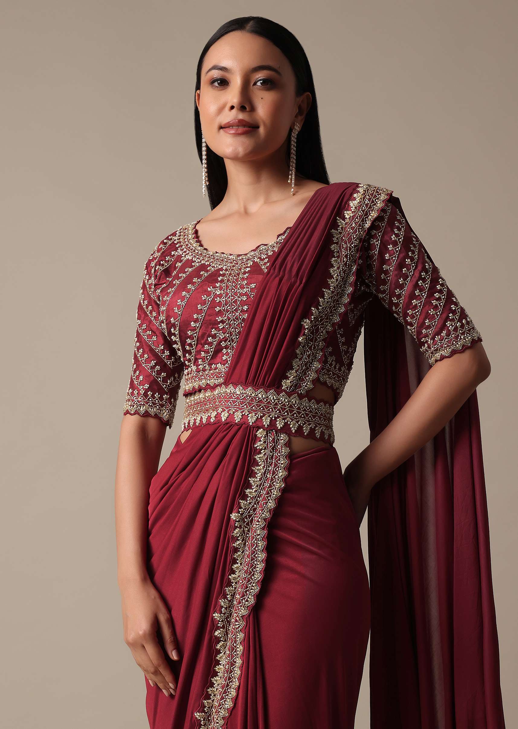Red Readymade Saree With Embellished Blouse - Image 4