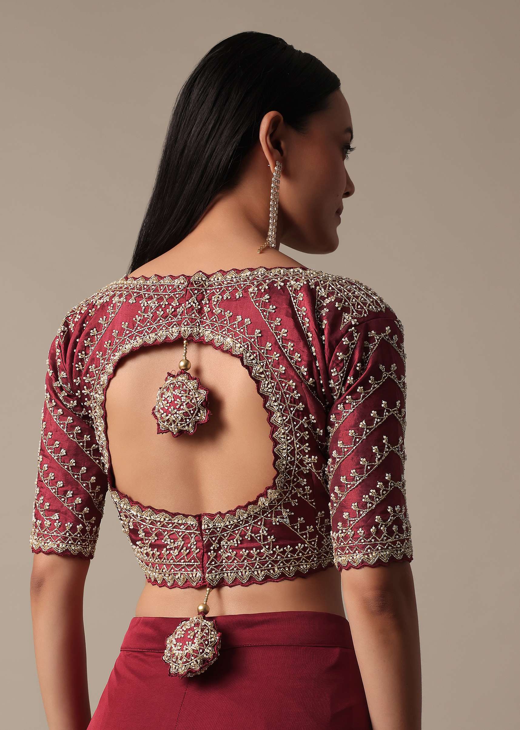 Red Readymade Saree With Embellished Blouse - Image 7