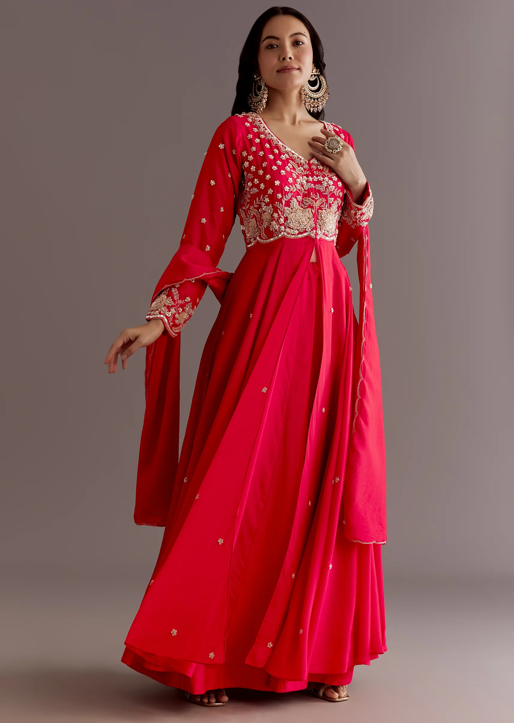 Red Russian Silk Front Slit Cutdana Beaded Kurta Set With Dupatta - Image 4