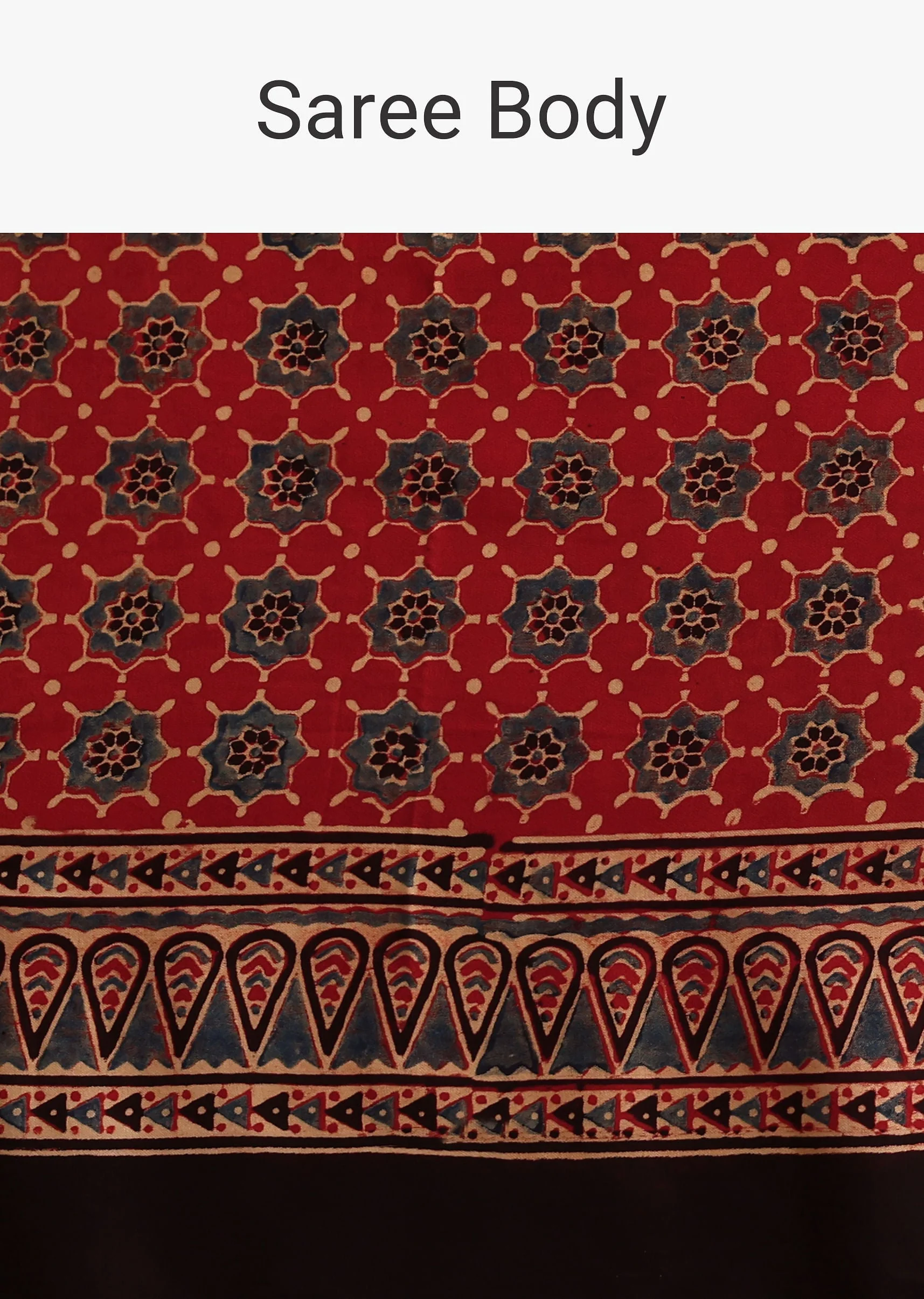 Red Satin Ajrakh Handblock Printed Ready To Wear Saree - Image 9
