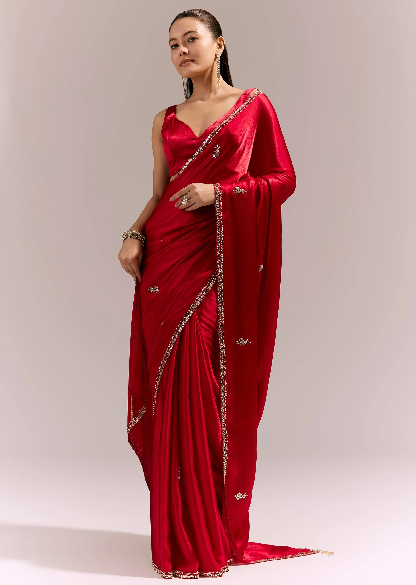 Red Satin Chinon Saree With Mirror And Bead Embroidered Detailing - Image 3