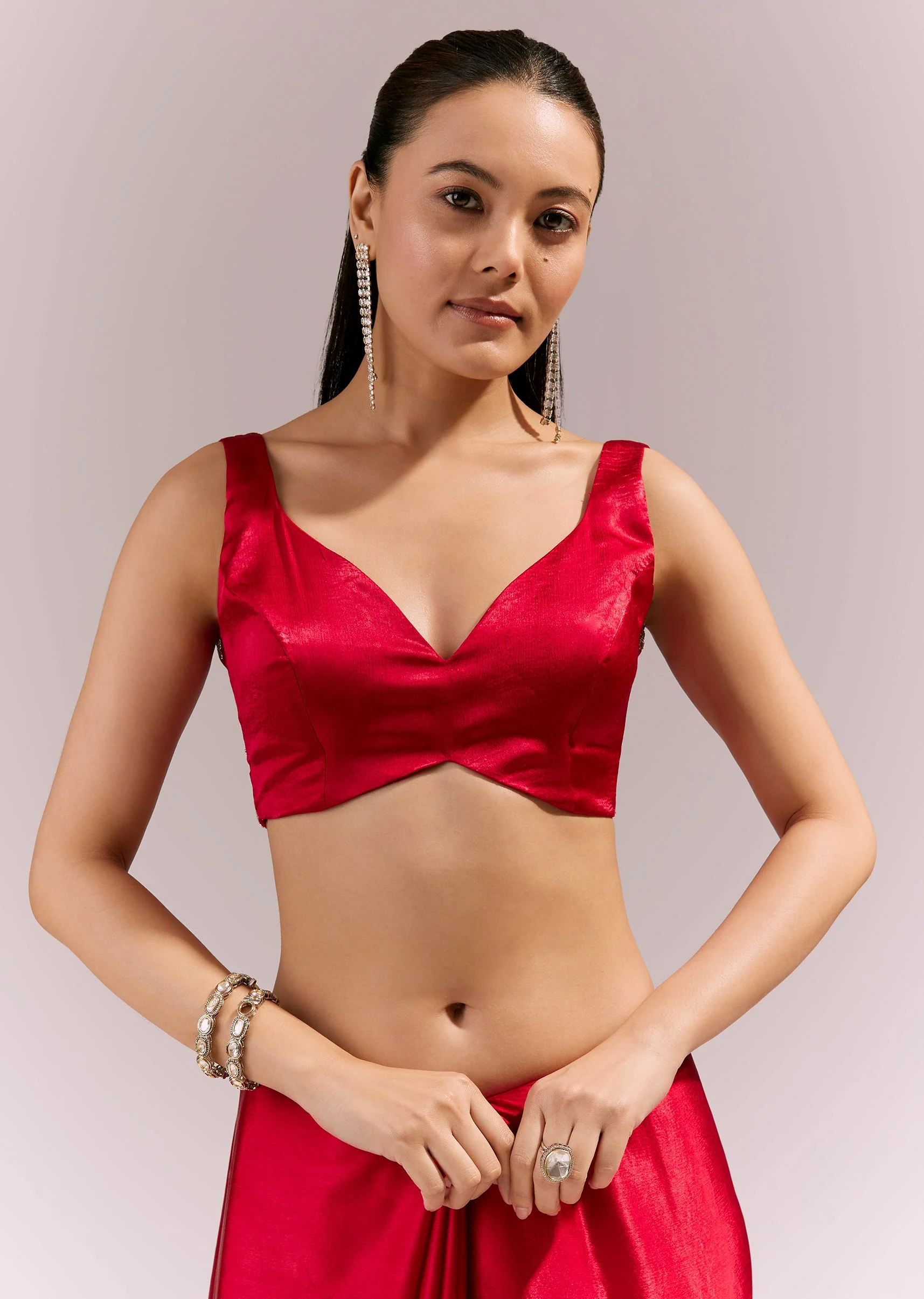 Red Satin Chinon Saree With Mirror And Bead Embroidered Detailing - Image 7