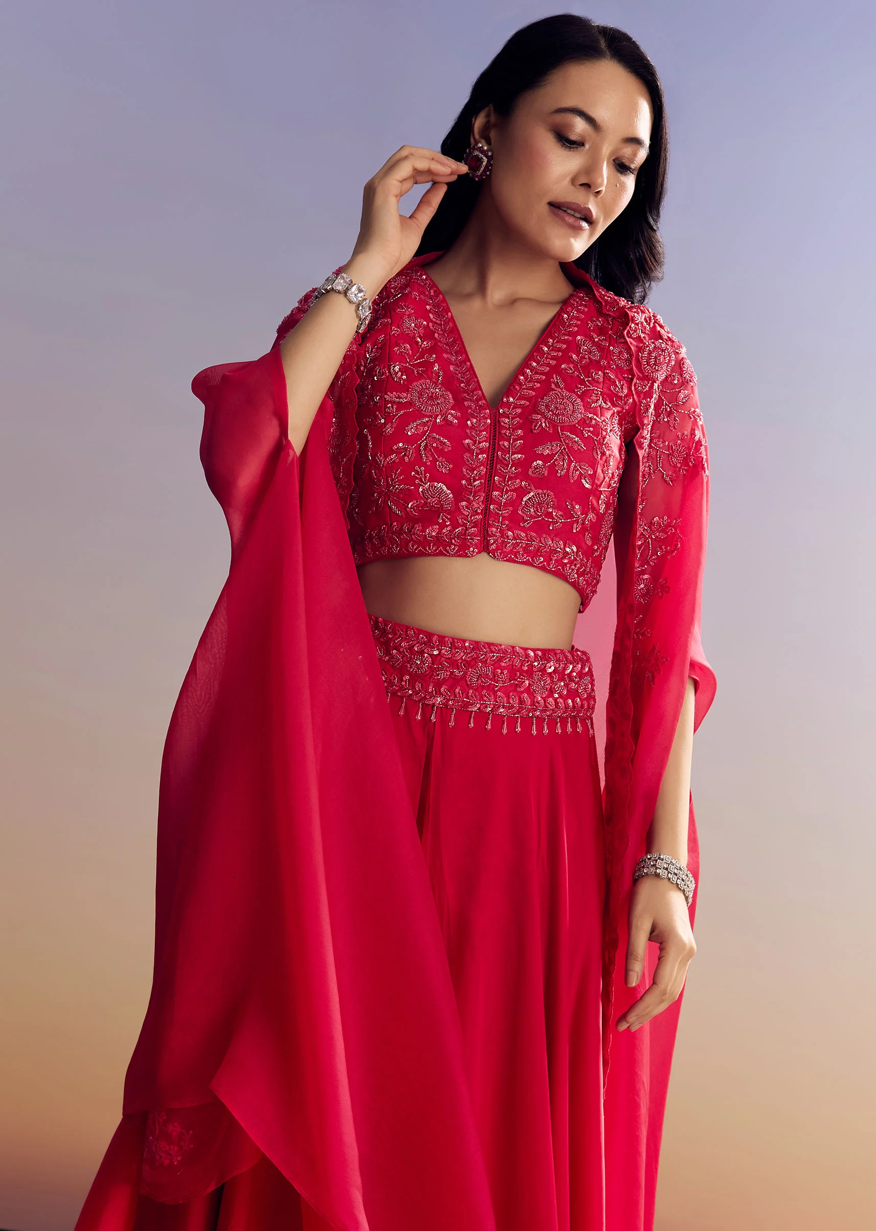 Red Satin Crop Top Set With Embroidered Organza Cape - Image 3