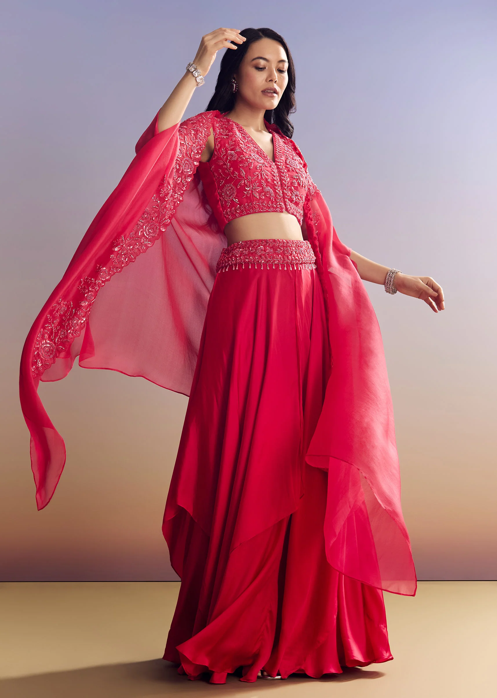 Red Satin Crop Top Set With Embroidered Organza Cape - Image 4