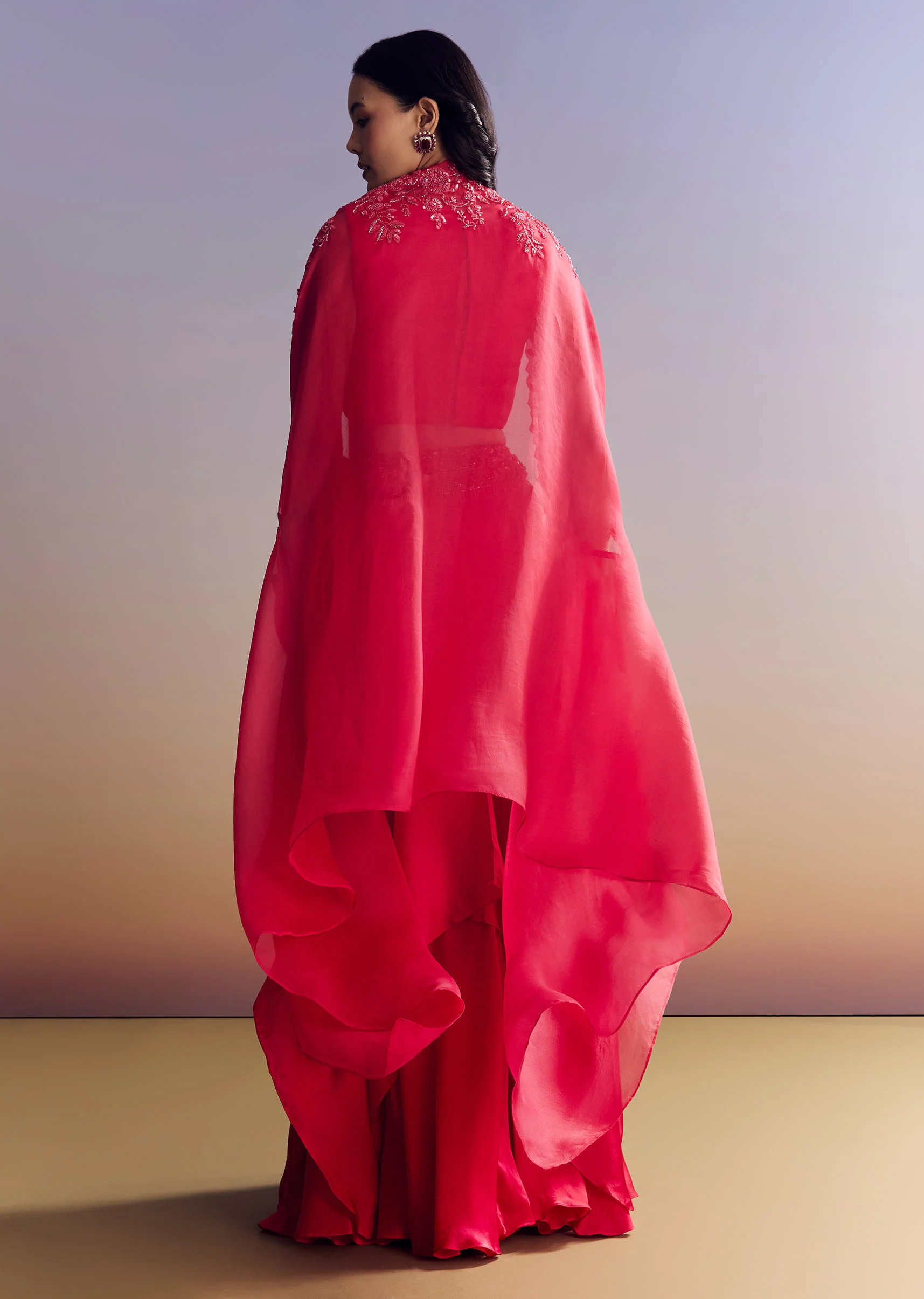 Red Satin Crop Top Set With Embroidered Organza Cape - Image 5