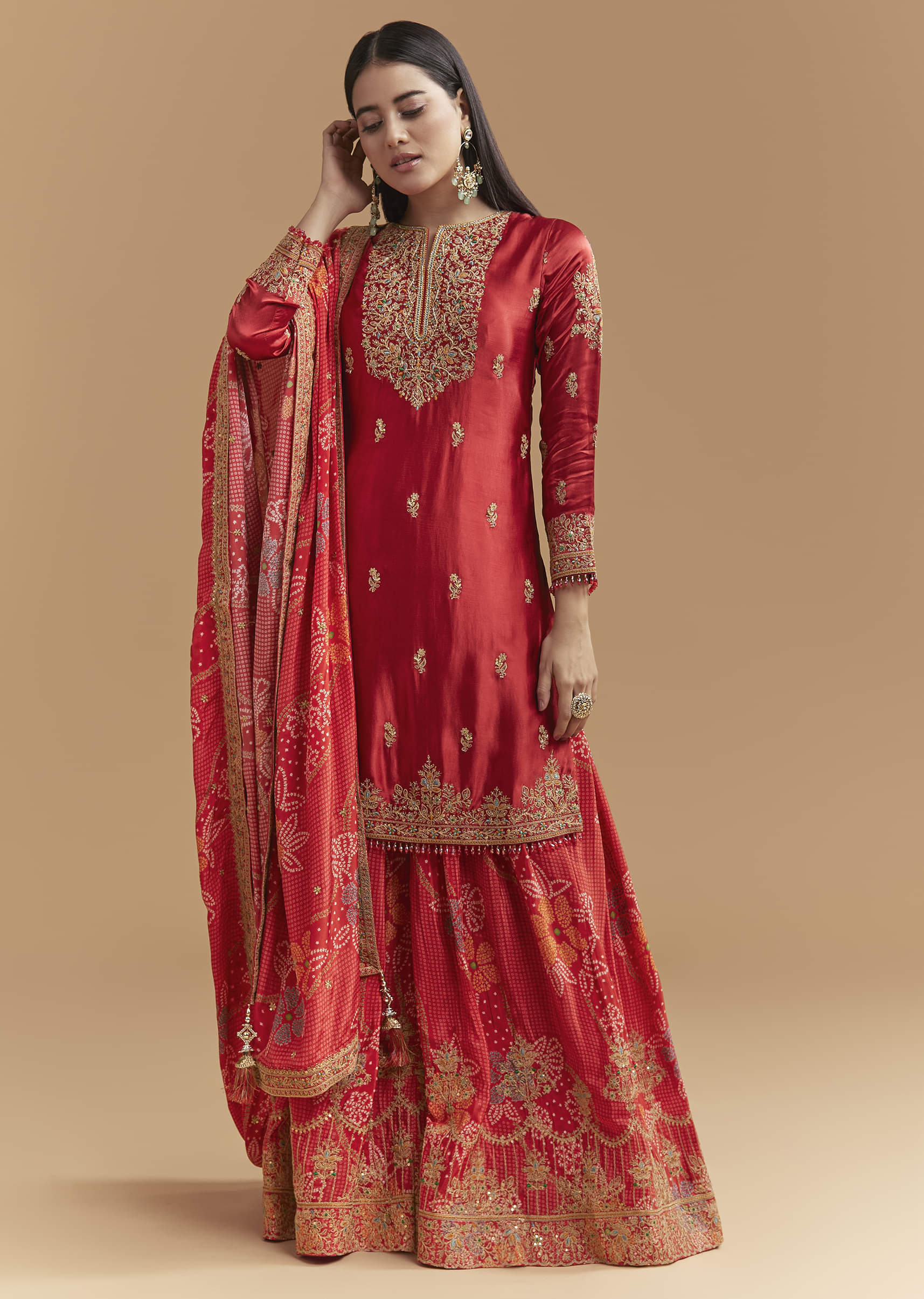 Red Satin Palazzo Suit With Heavy Hand Embroidery - Image 3