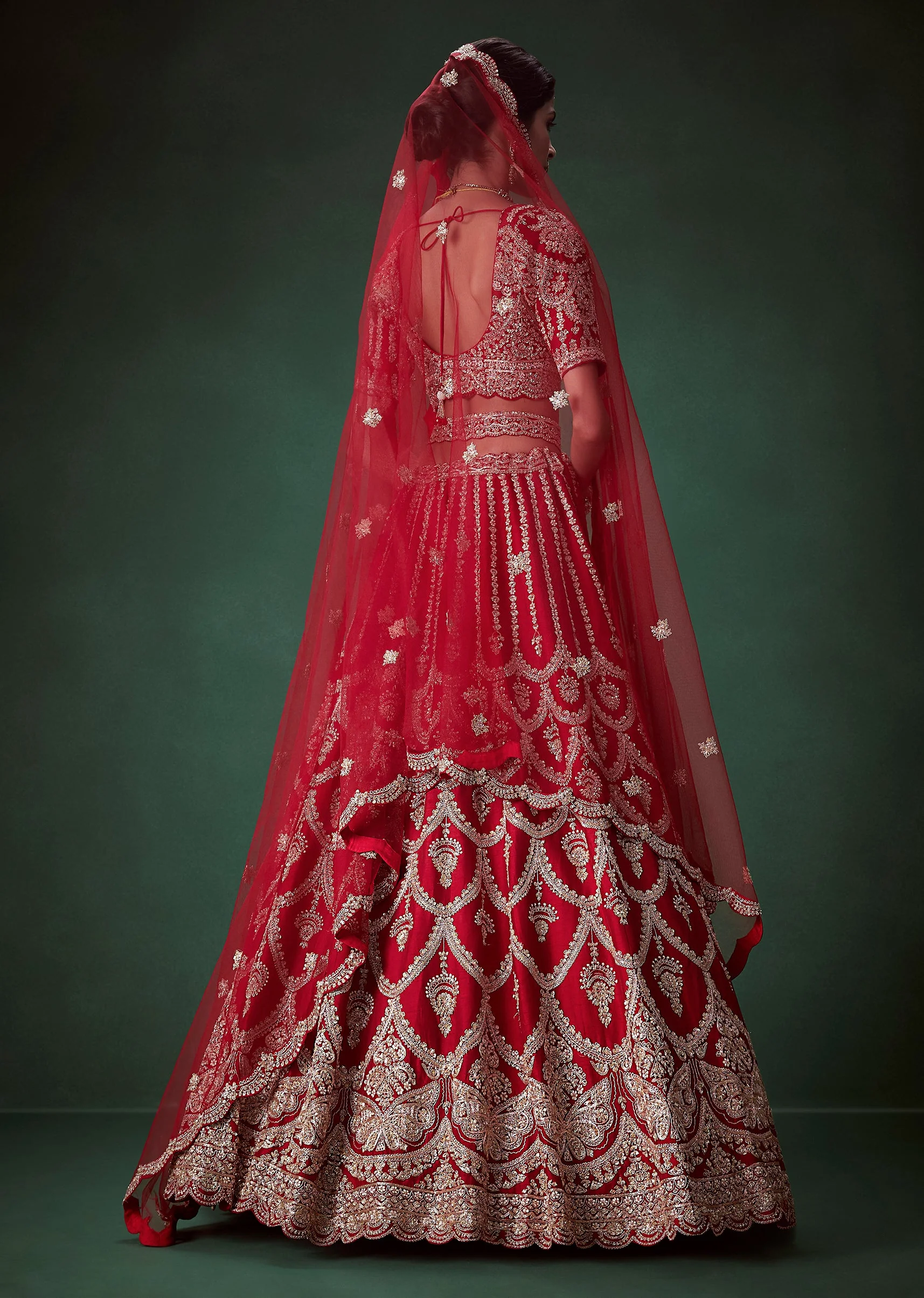 Red Sequin and Resham Embellished Bridal Lehenga Set - Image 2