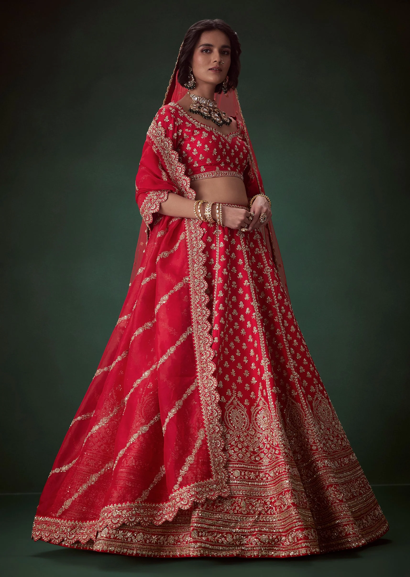 Red Sequin Embellished Bridal Lehenga Set - Image 4