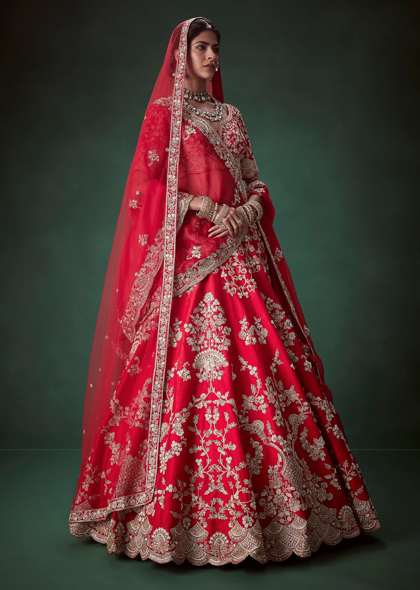 Red Silk Heavy Work Bridal Lehenga Set with Two Dupattas - Image 4