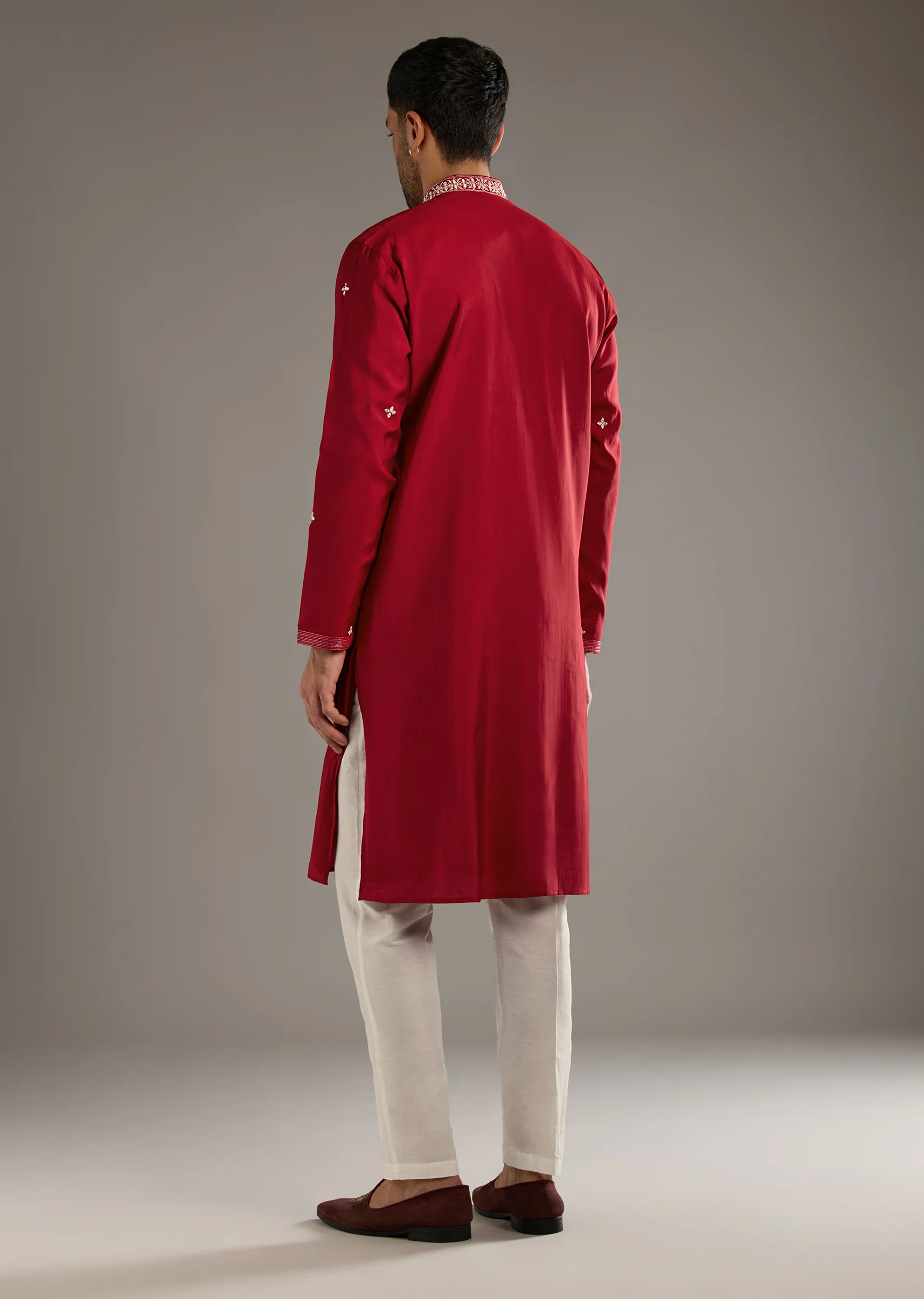 Red Silk Kurta Set For Men With Mirror And Thread Work - Image 5