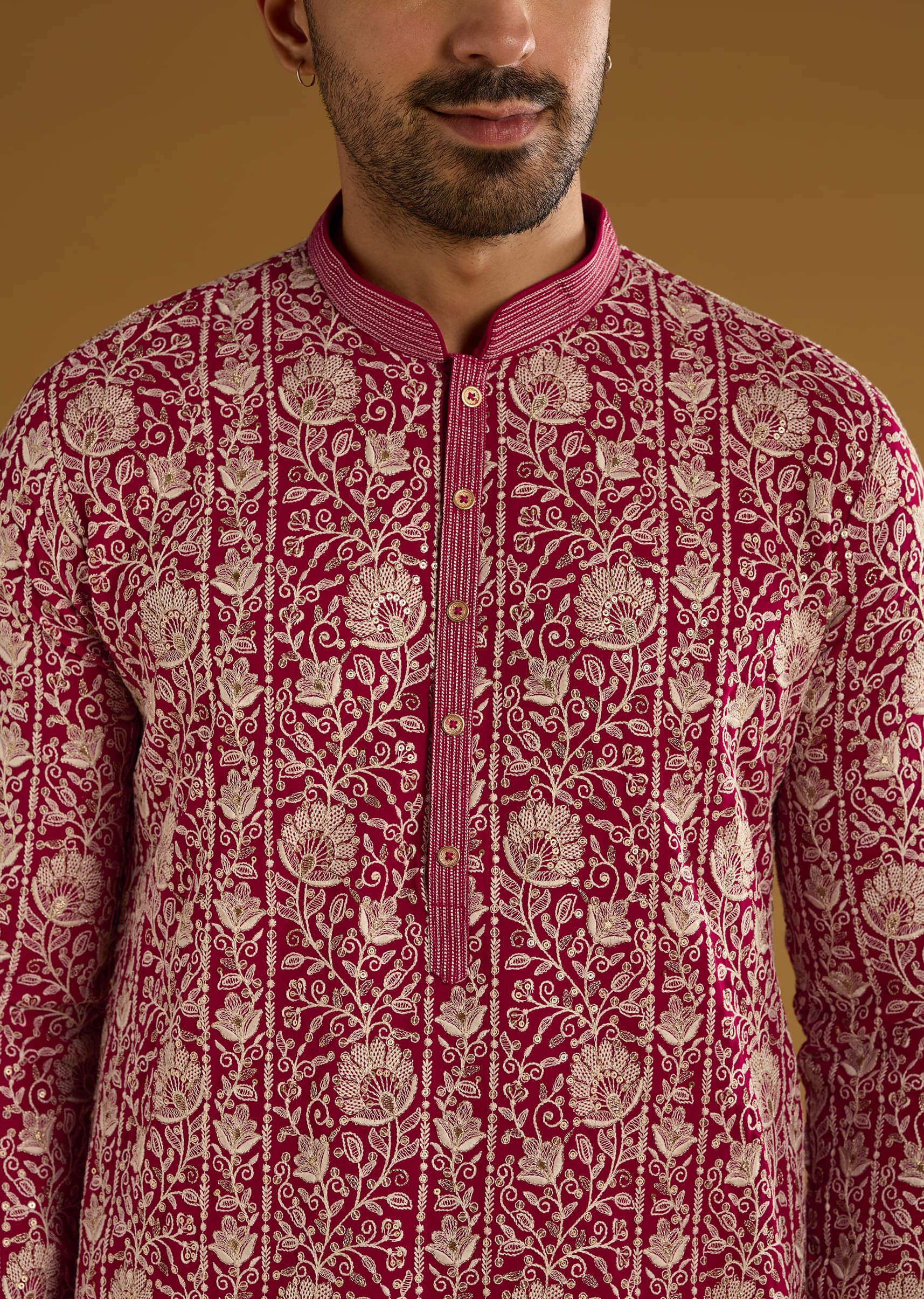 Red Silk Kurta Set For Men With Resham Embroidery - Image 4