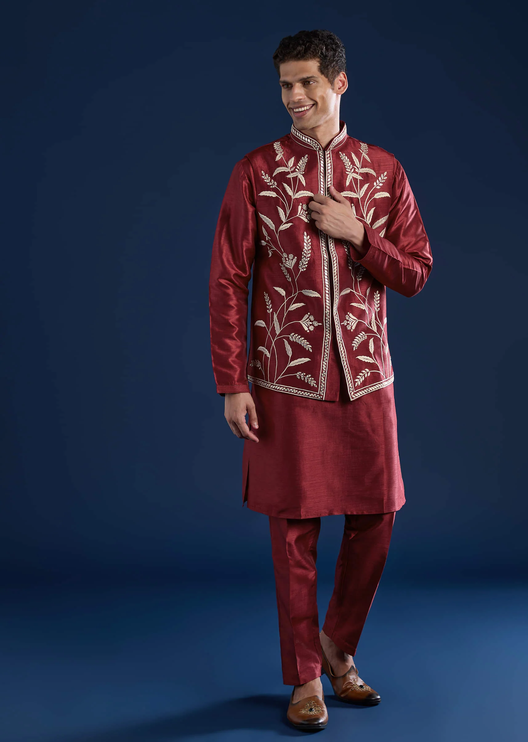 Red Silk Kurta With Mirror-Embellished Jacket