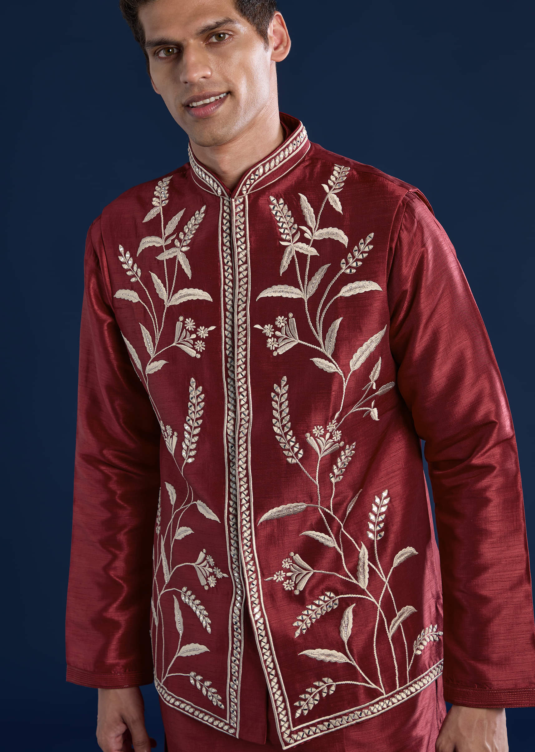 Red Silk Kurta With Mirror-Embellished Jacket - Image 2