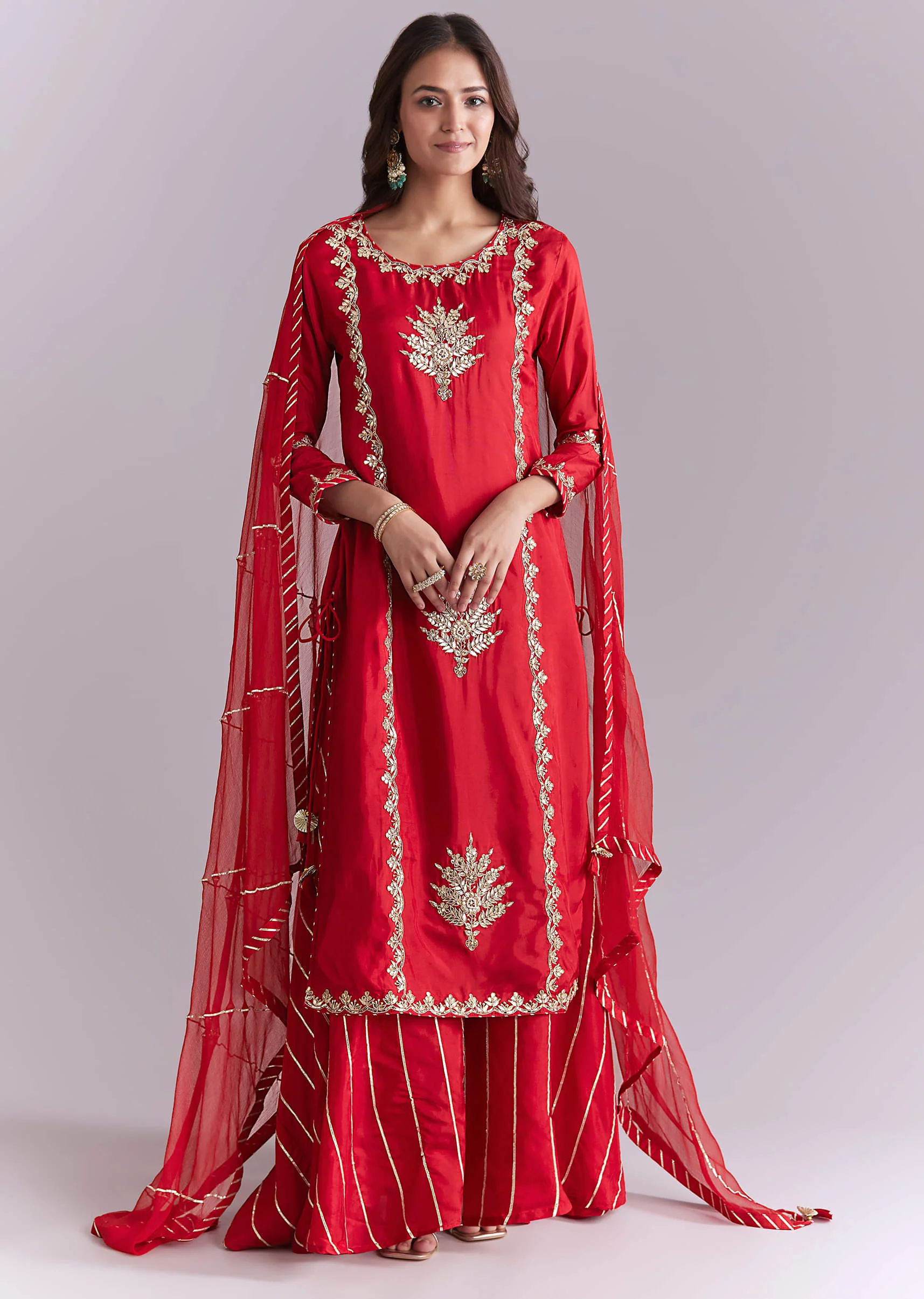 Red Silk Palazzo Suit With Gota Work - Image 3