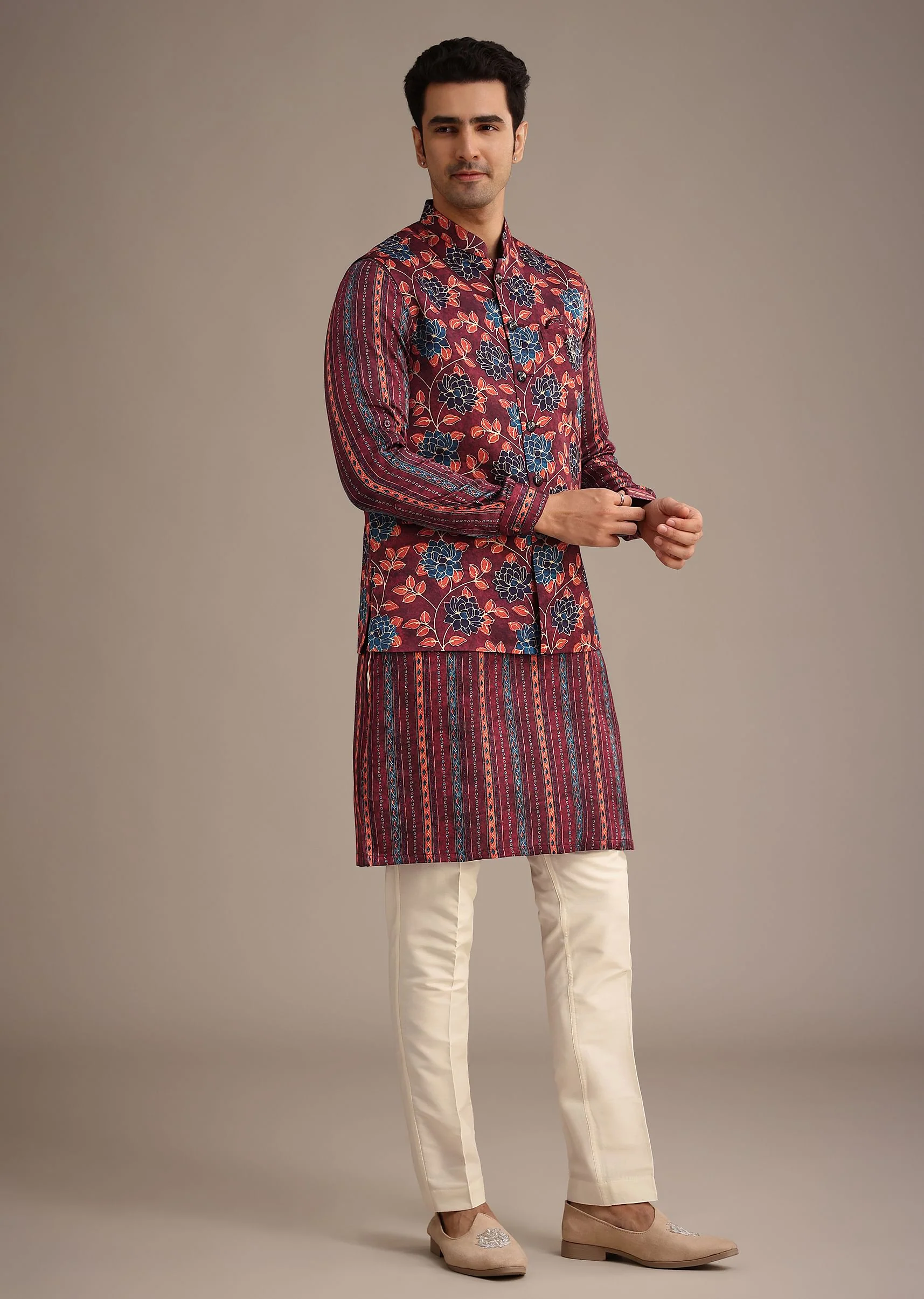 Red Silk Printed Jacket And Kurta Set