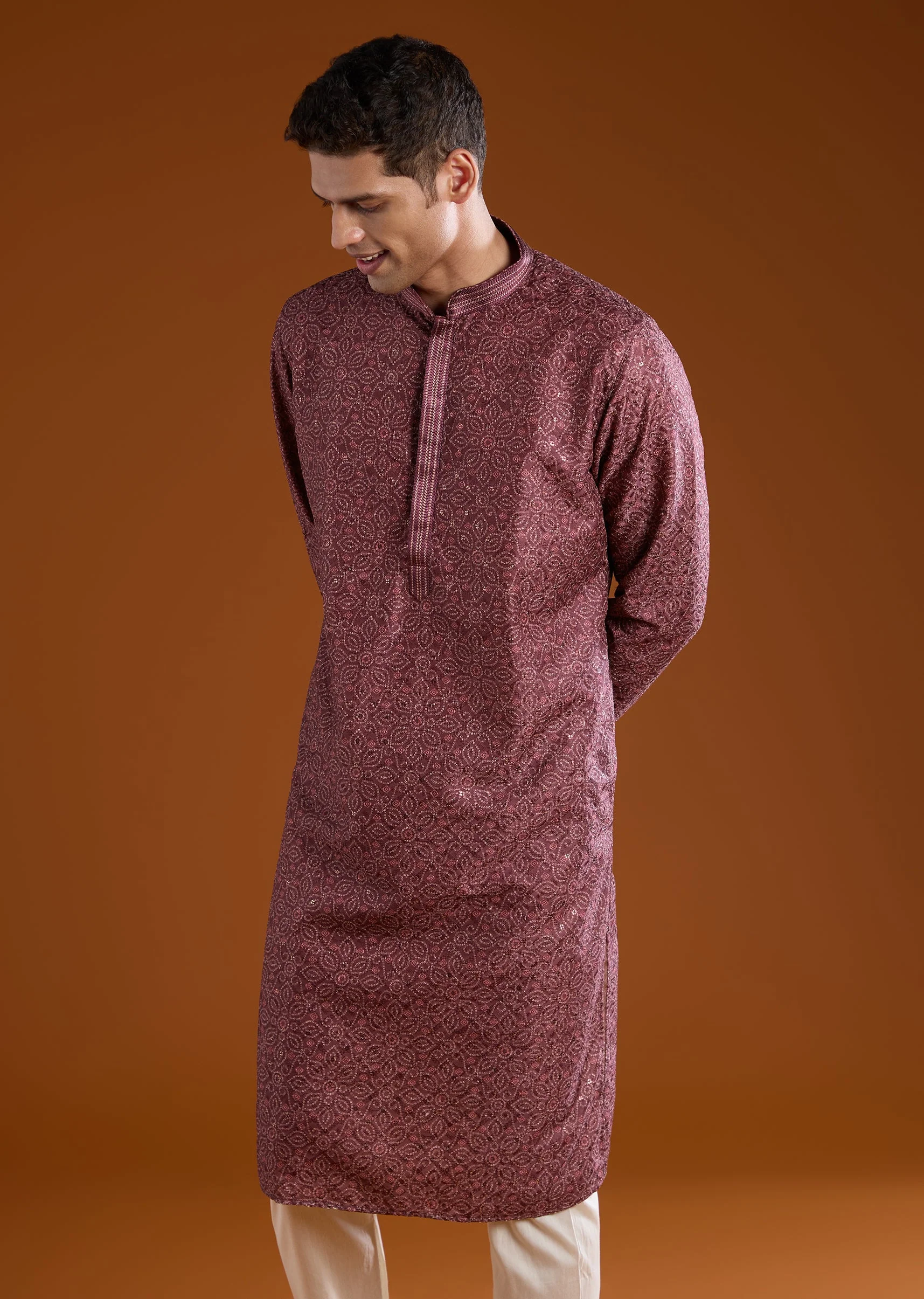 Red Silk Resham Embroidered Mens Kurta Pant Set - Image 4