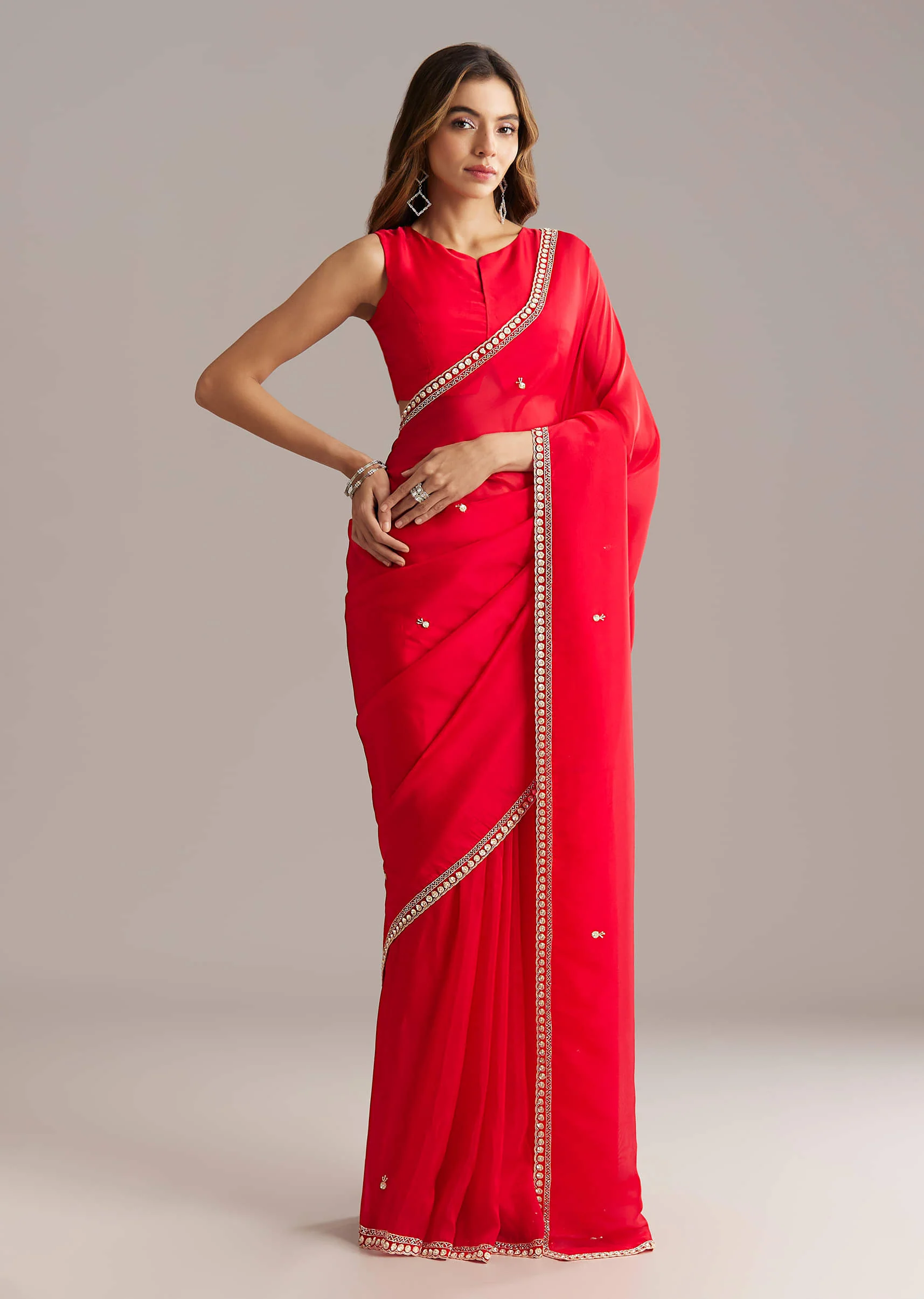 Red Silk Saree With Stone And Cutdana Embroidery - Image 4