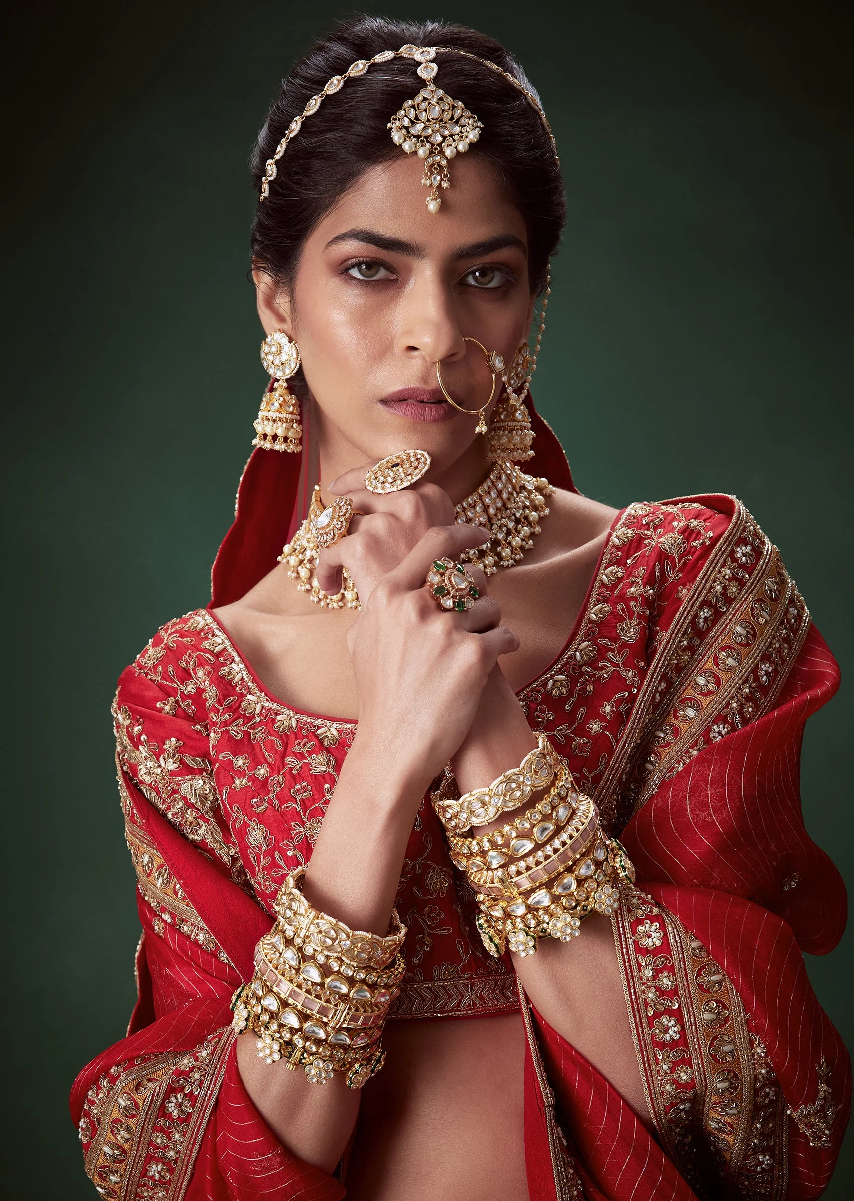 Red Silk Sequin Embellished Bridal Lehenga Set with Two Dupattas - Image 7