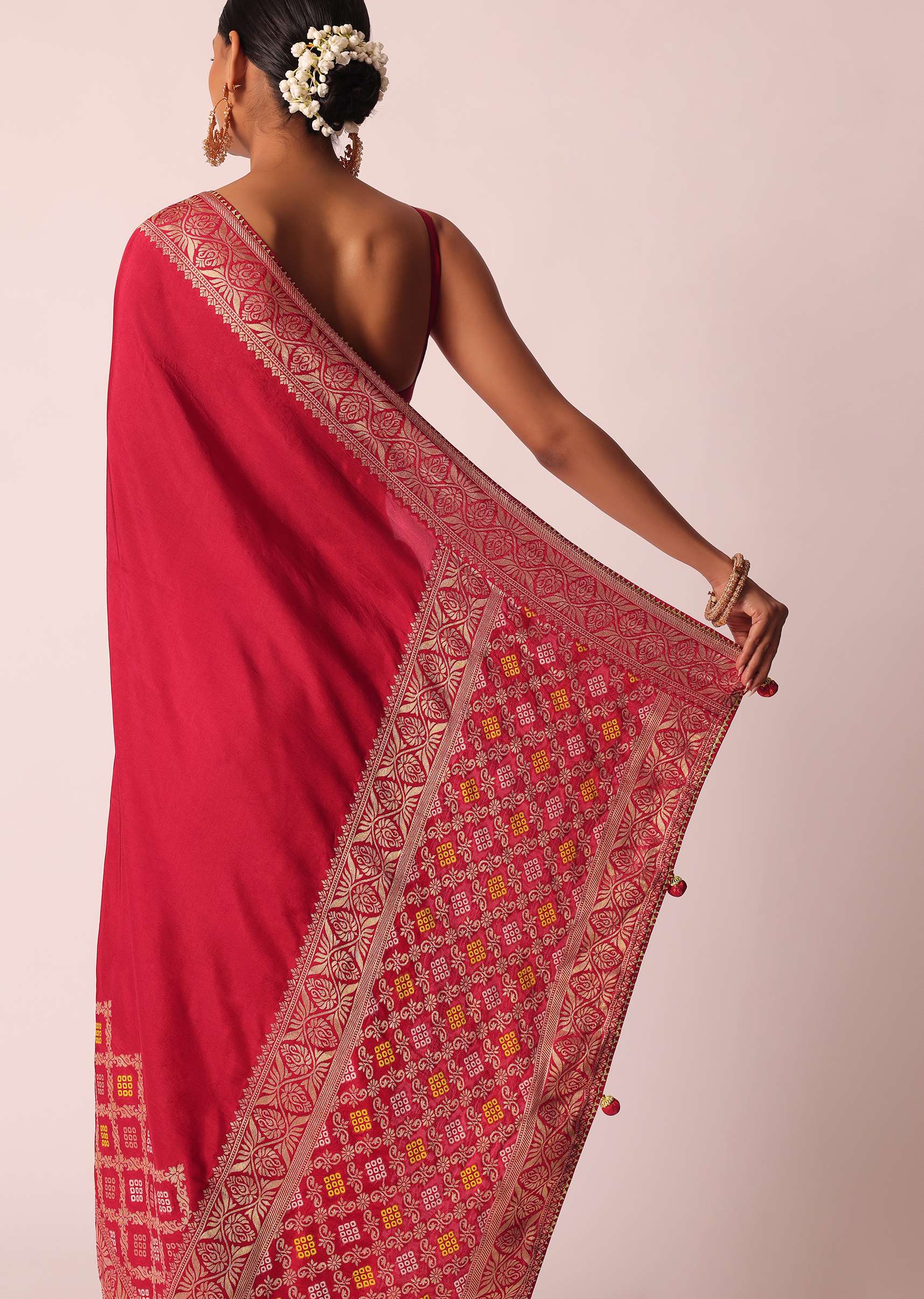 Red Silk Woven Saree With Bandhani Detail And Unstitched Blouse Piece - Image 6
