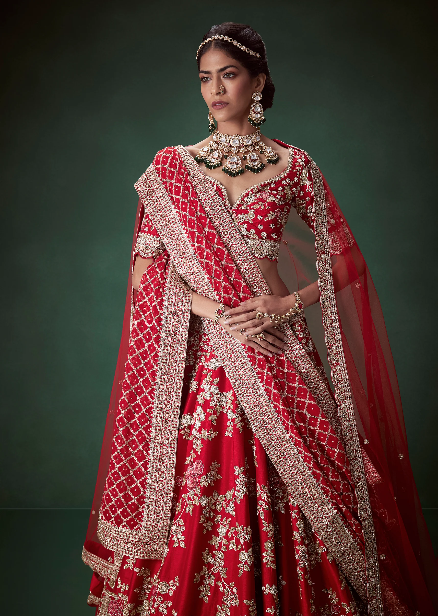 Red Silk Zari Work Bridal Lehenga Set with Two Dupatta - Image 5