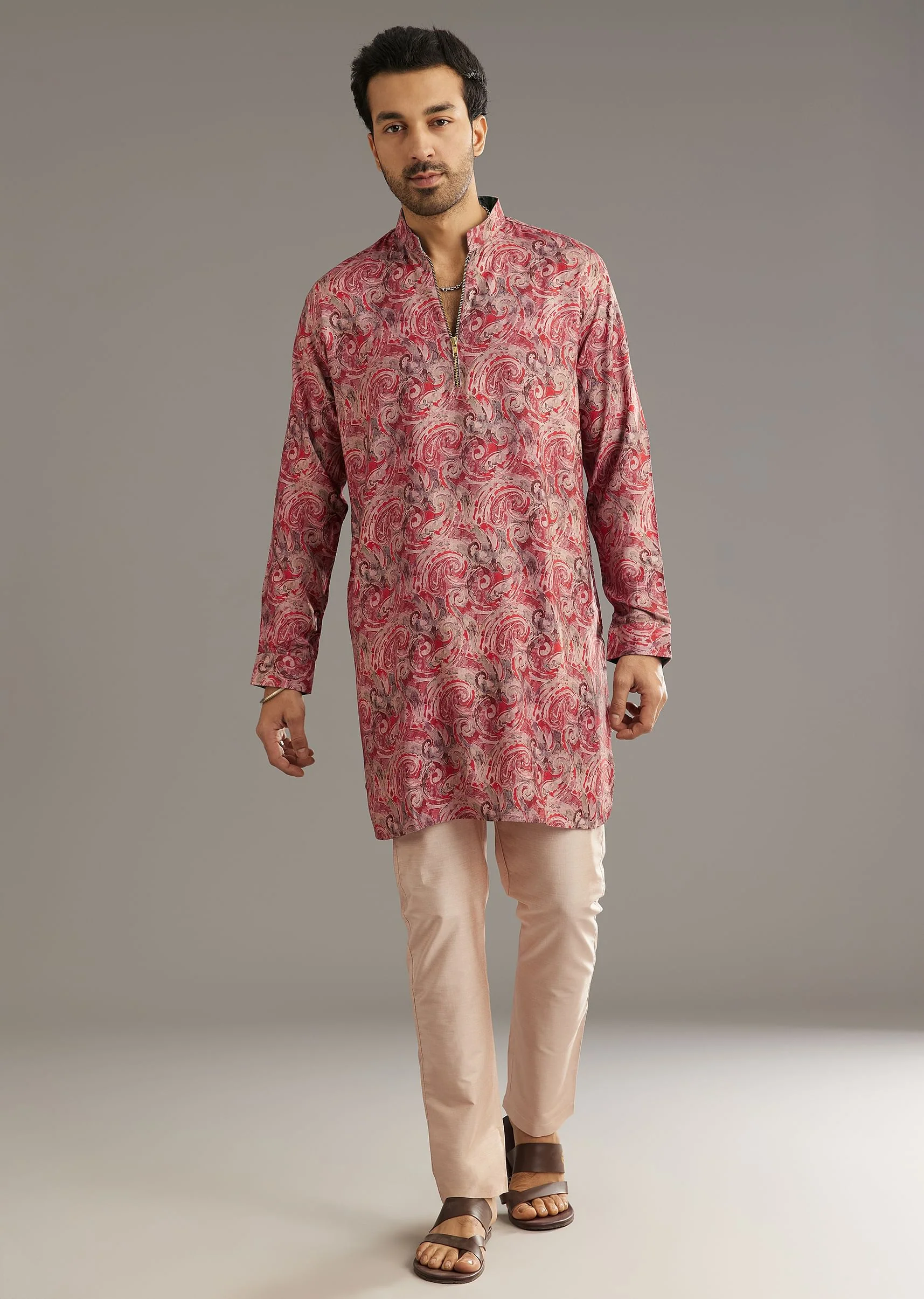 Red Silk Zipper Kurta Set With Abstract Print - Image 3