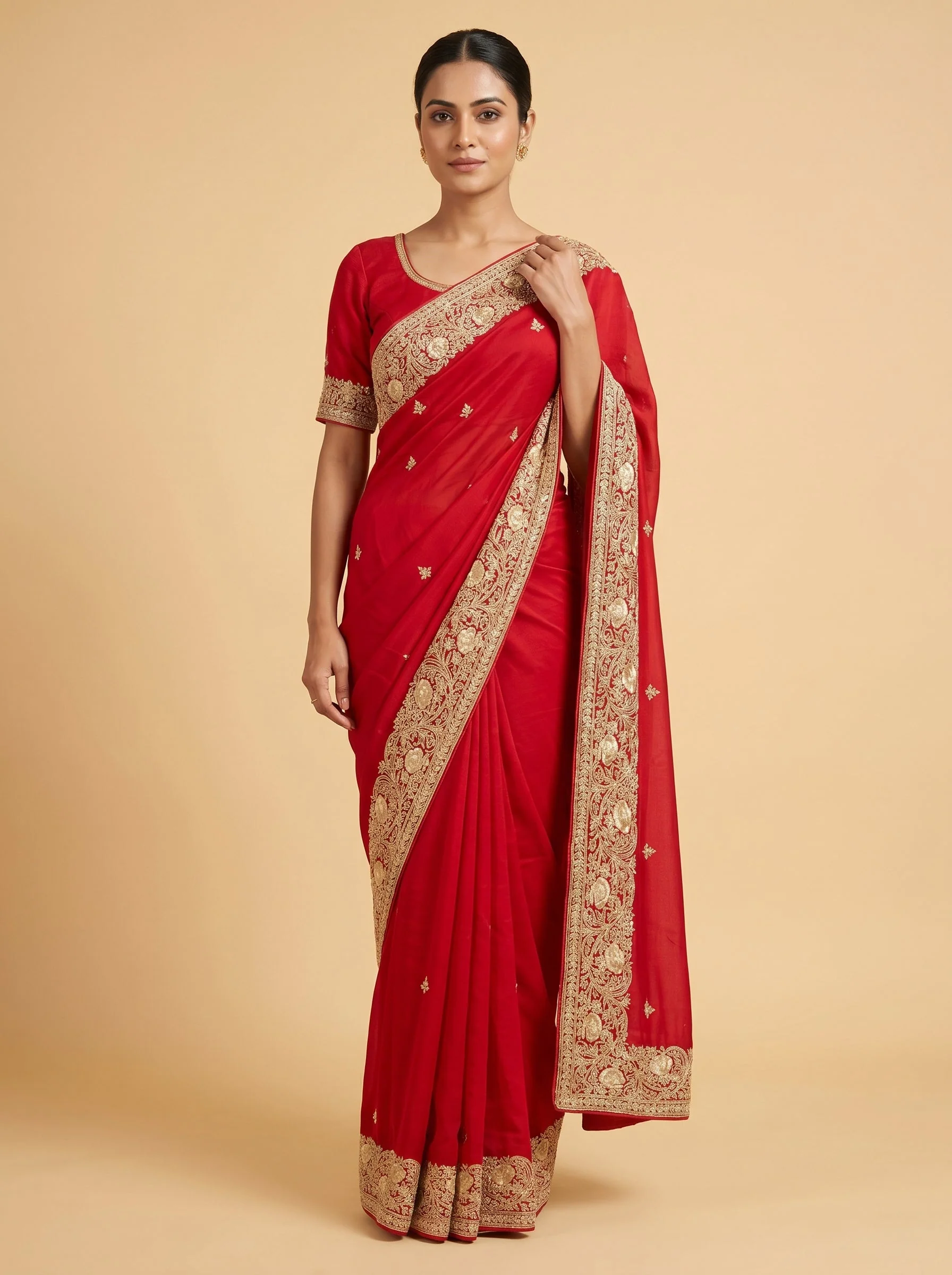 Red Theatrical Threadwork Saree