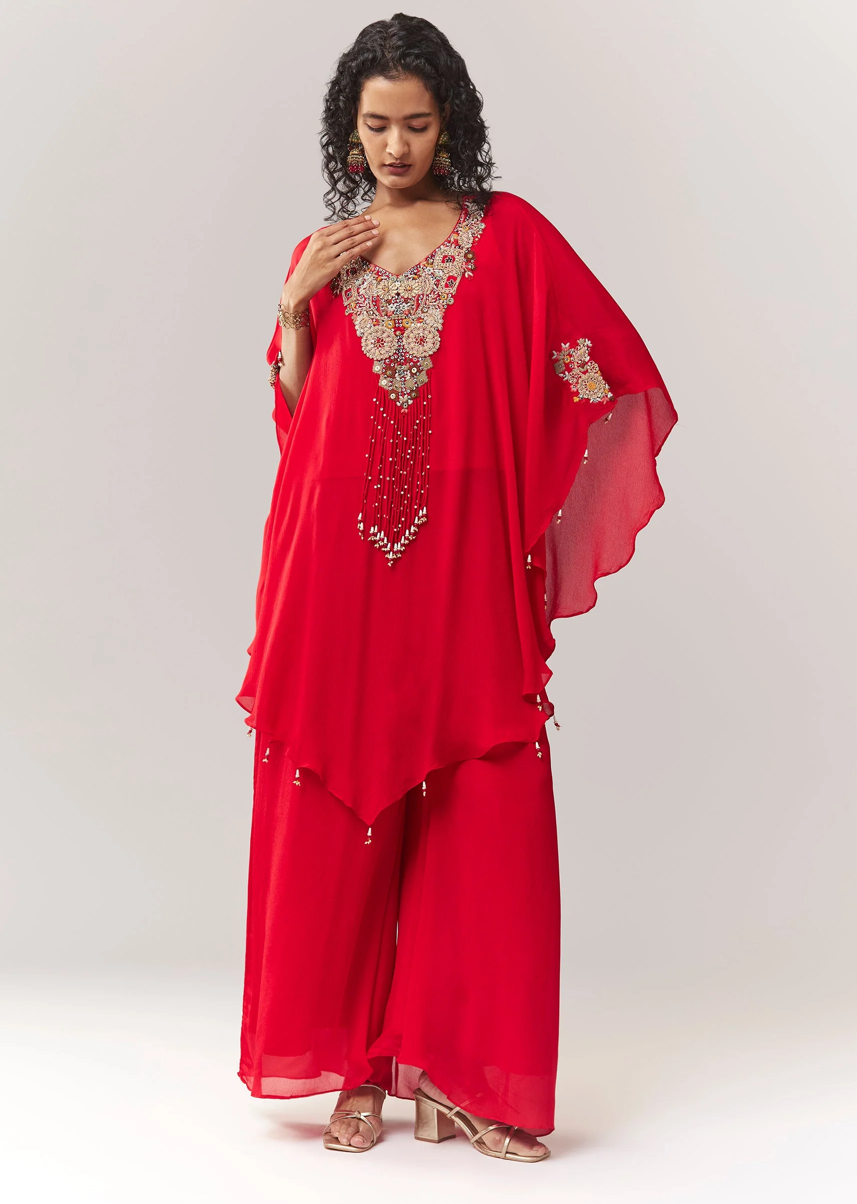 Red Thread And Zardosi Work Cape Set With Palazzo