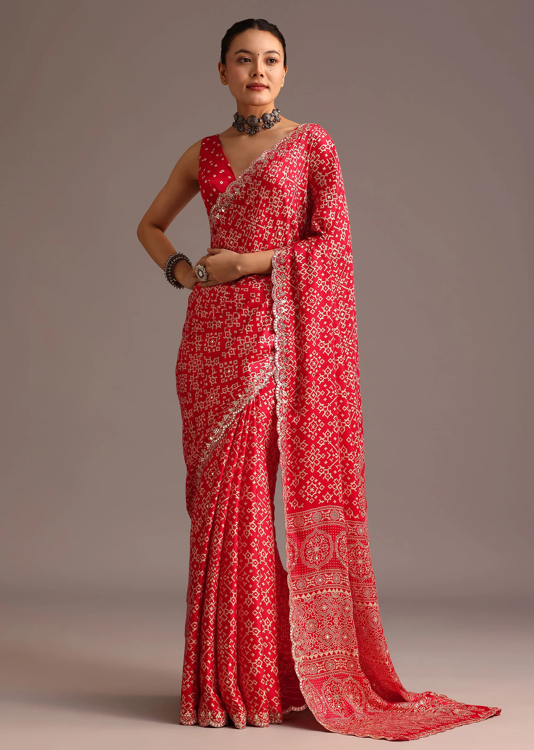 Red Traditional Ajrakh Print Satin Saree With Embellished Scallop Border And Unstitched Blouse - Image 3