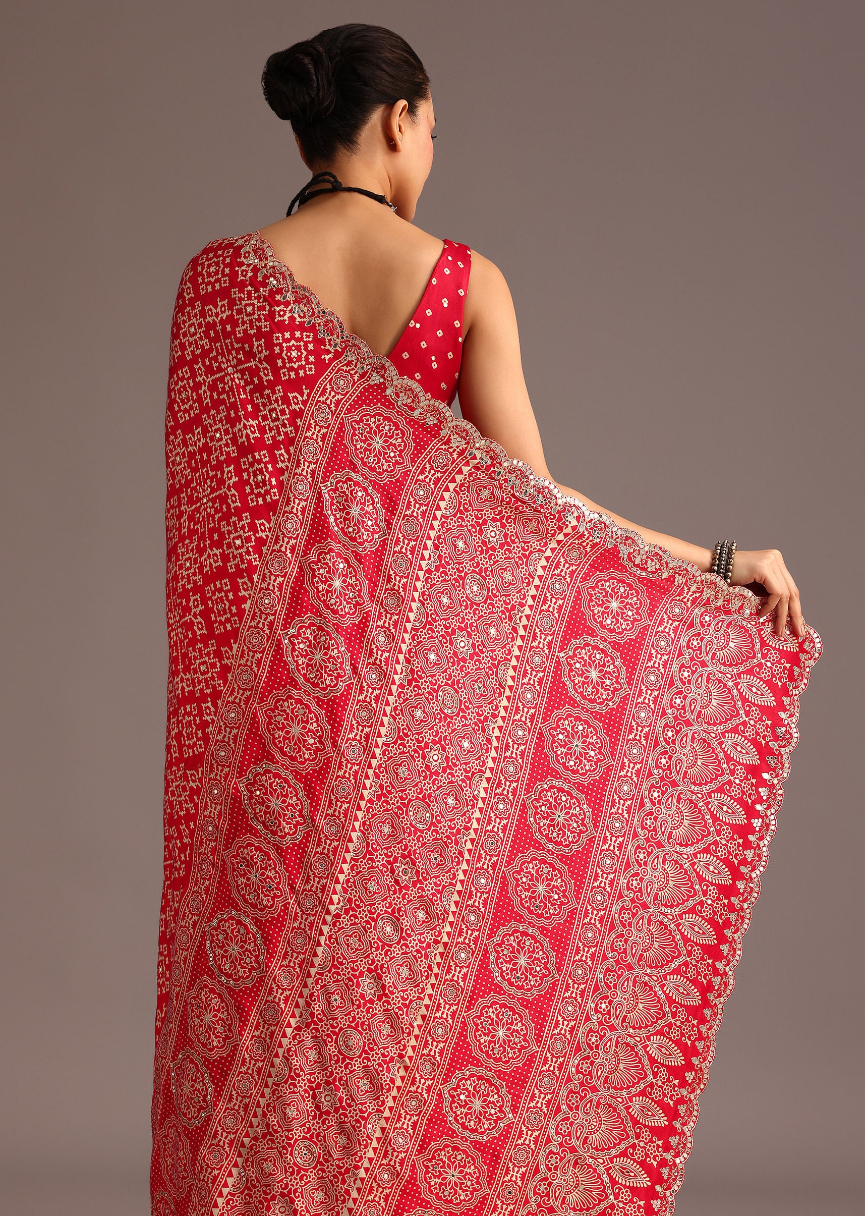 Red Traditional Ajrakh Print Satin Saree With Embellished Scallop Border And Unstitched Blouse - Image 4