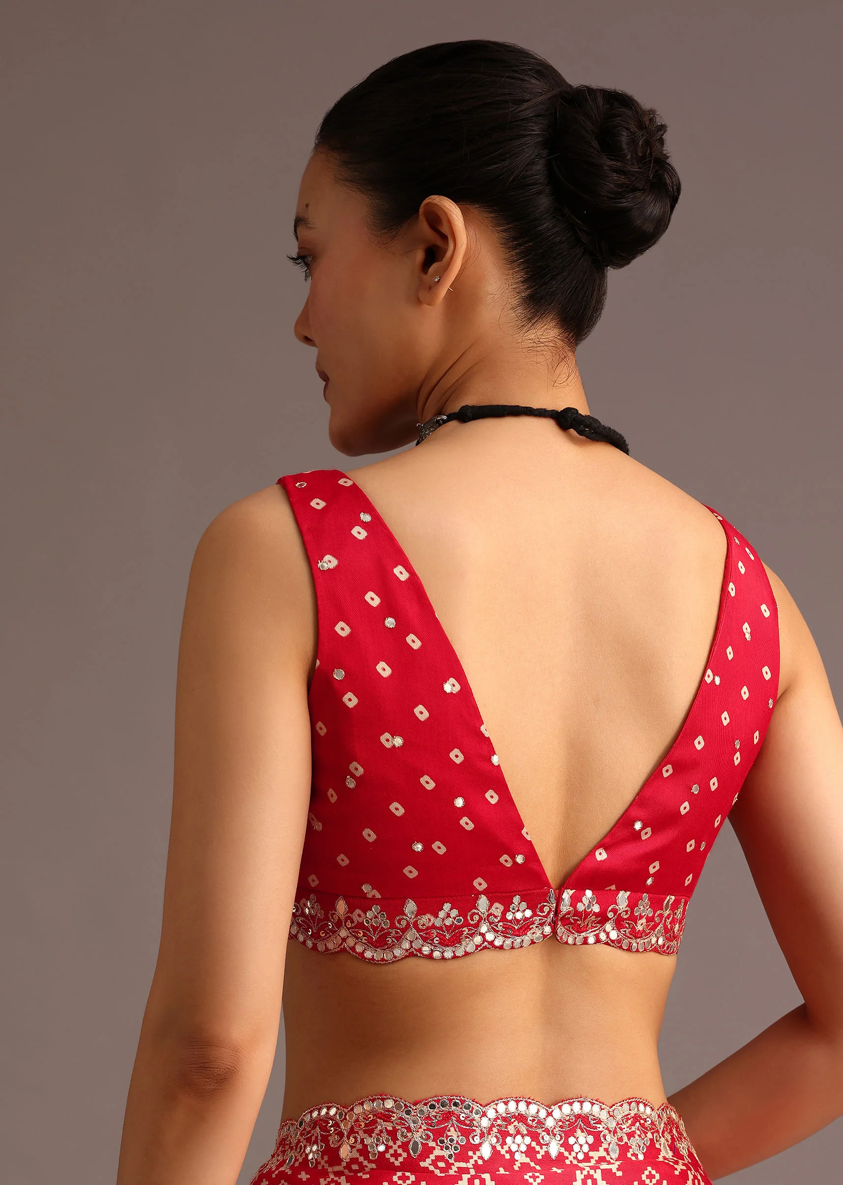 Red Traditional Ajrakh Print Satin Saree With Embellished Scallop Border And Unstitched Blouse - Image 8