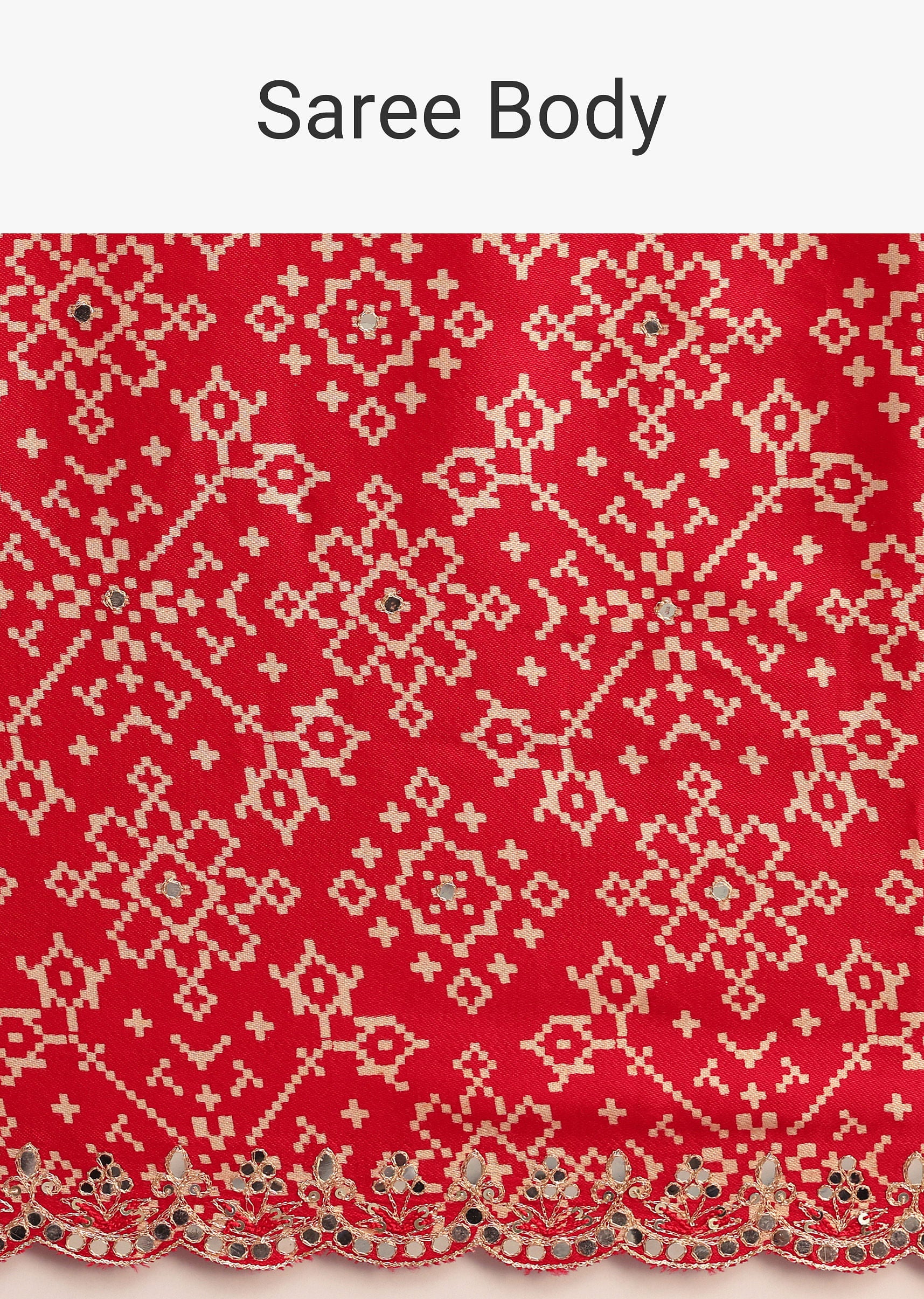 Red Traditional Ajrakh Print Satin Saree With Embellished Scallop Border And Unstitched Blouse - Image 9