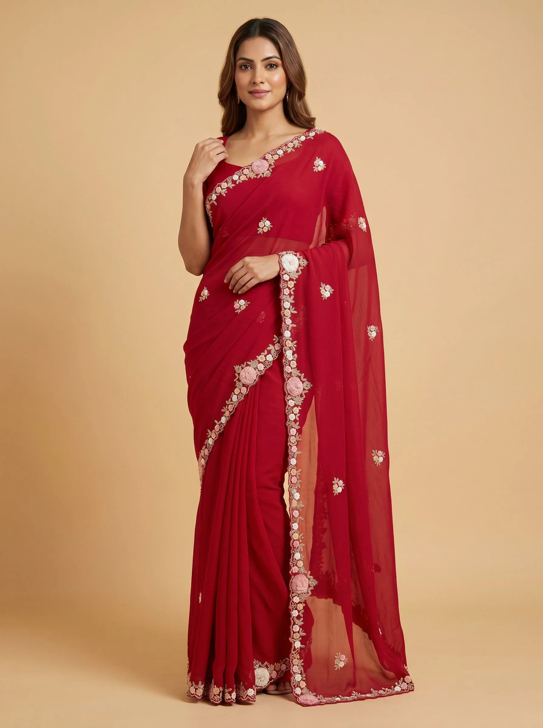 Red Velvet Glow Embroidered Saree