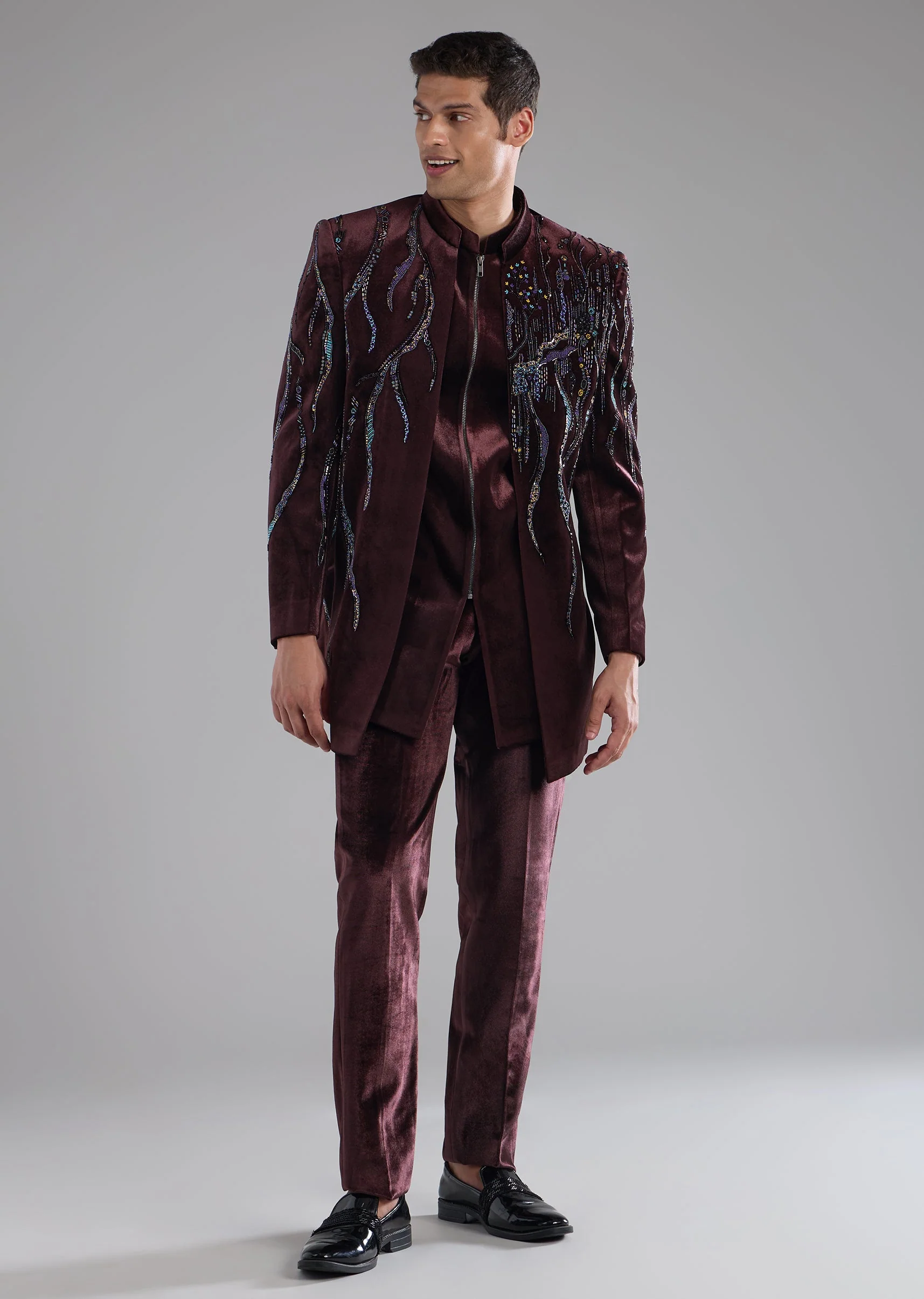 Red Velvet Indowestern Kurta Set with Bead Work - Image 4
