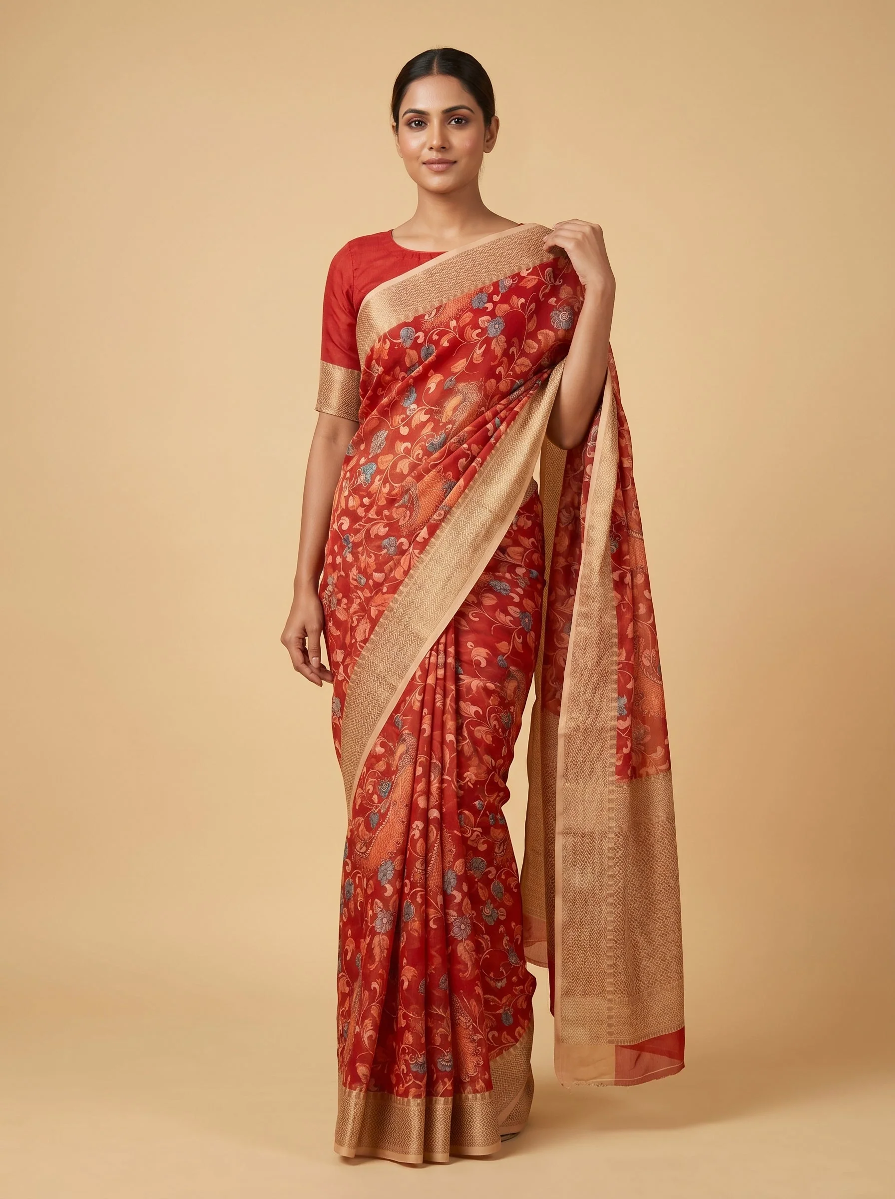 Red Woven Floral Brocade Saree