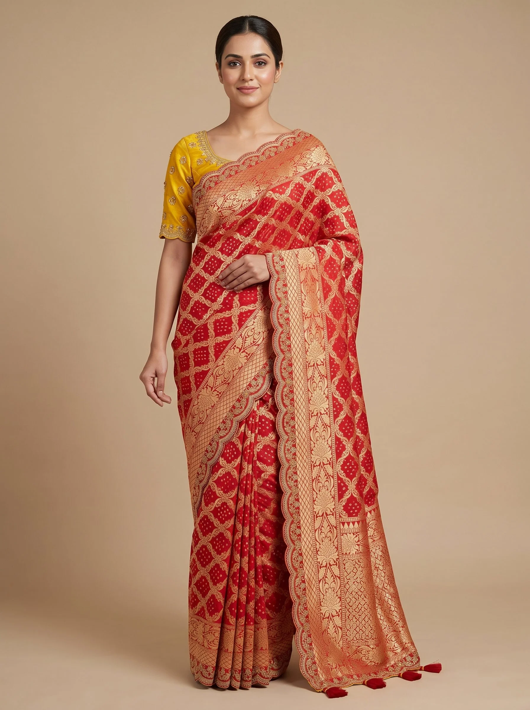 Red Yellow Dual Tone Embroidered Saree