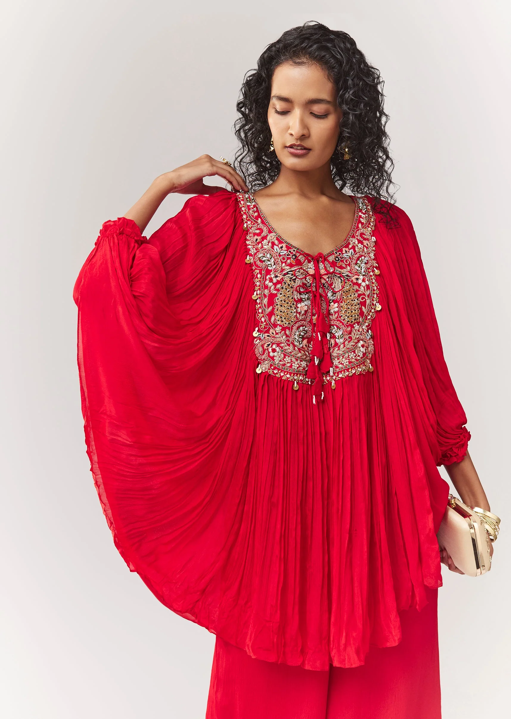 Red Zardosi And Thread Work Cape Set With Palazzo