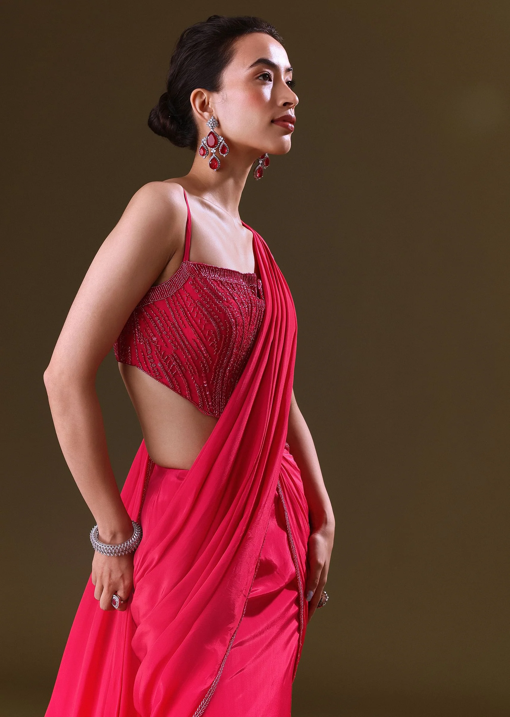 Reddish Pink Pre Stitched Draped Saree With Corset Fit Embroidered Blouse - Image 4