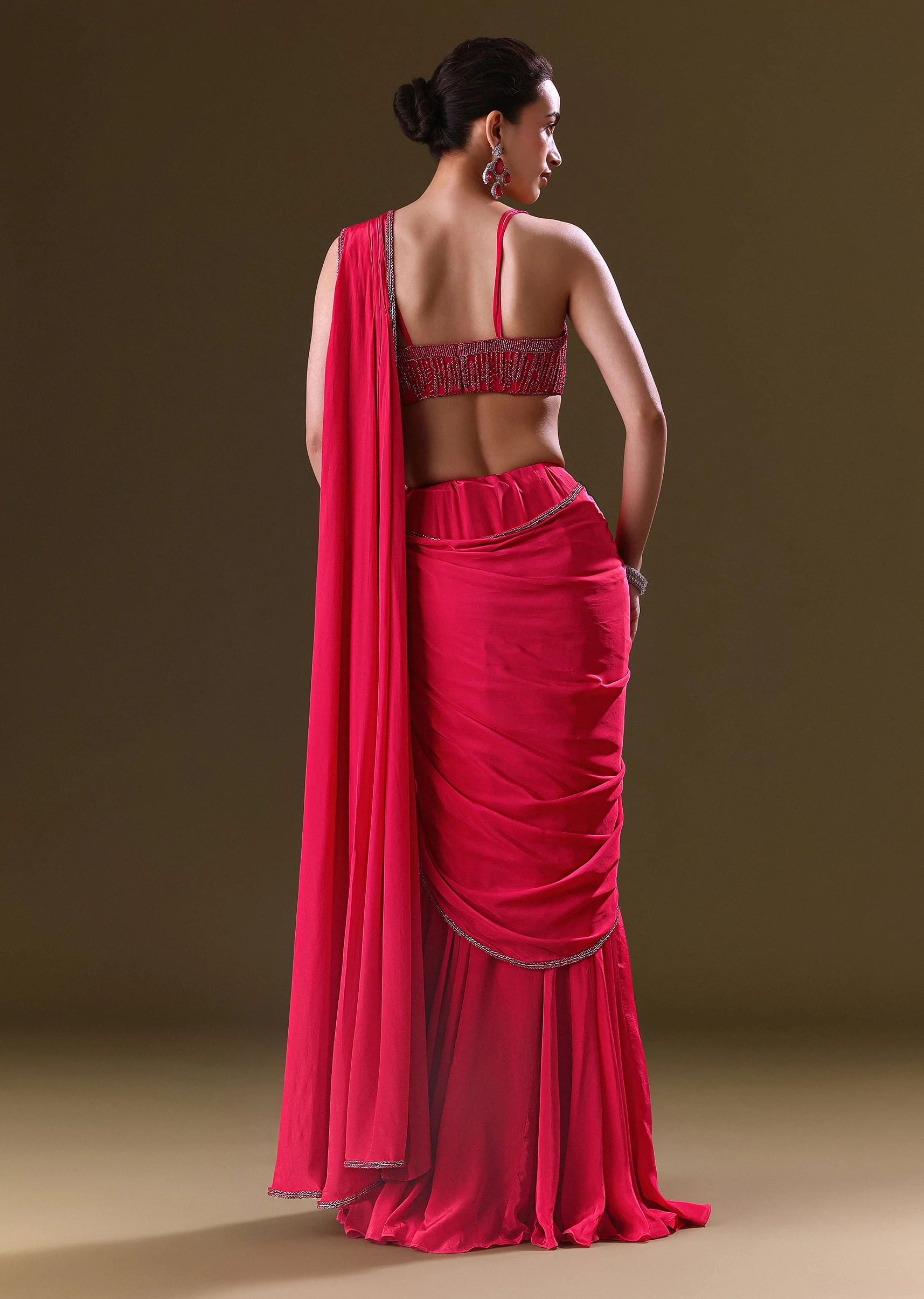 Reddish Pink Pre Stitched Draped Saree With Corset Fit Embroidered Blouse - Image 5