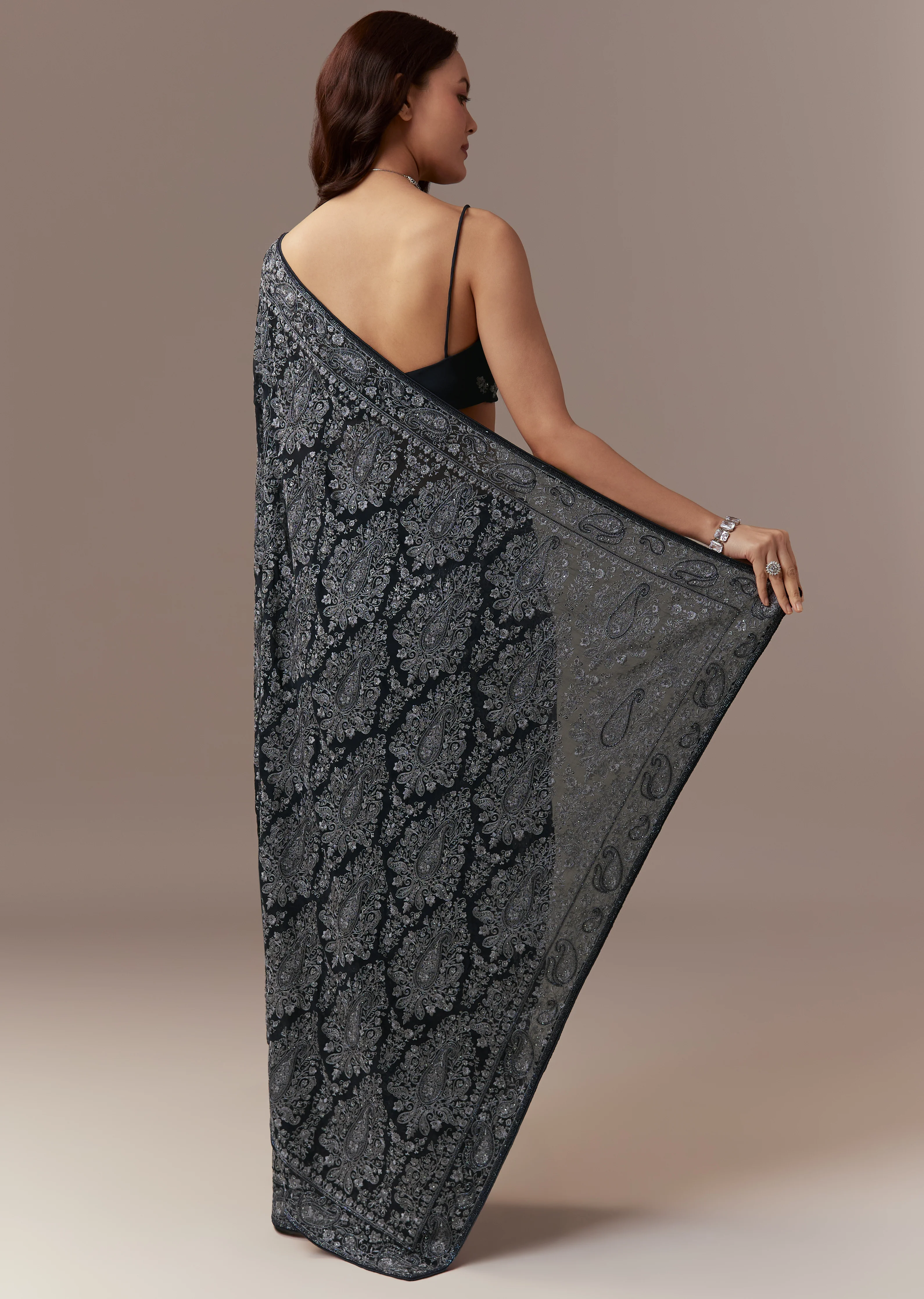 Refined Navy Harmony Couple Set – Navy Blue Georgette Saree with Resham Thread and Cutdana Embroidery for Her And Blue Linen Kurta Set with Resham Embroidery for Him - Image 5