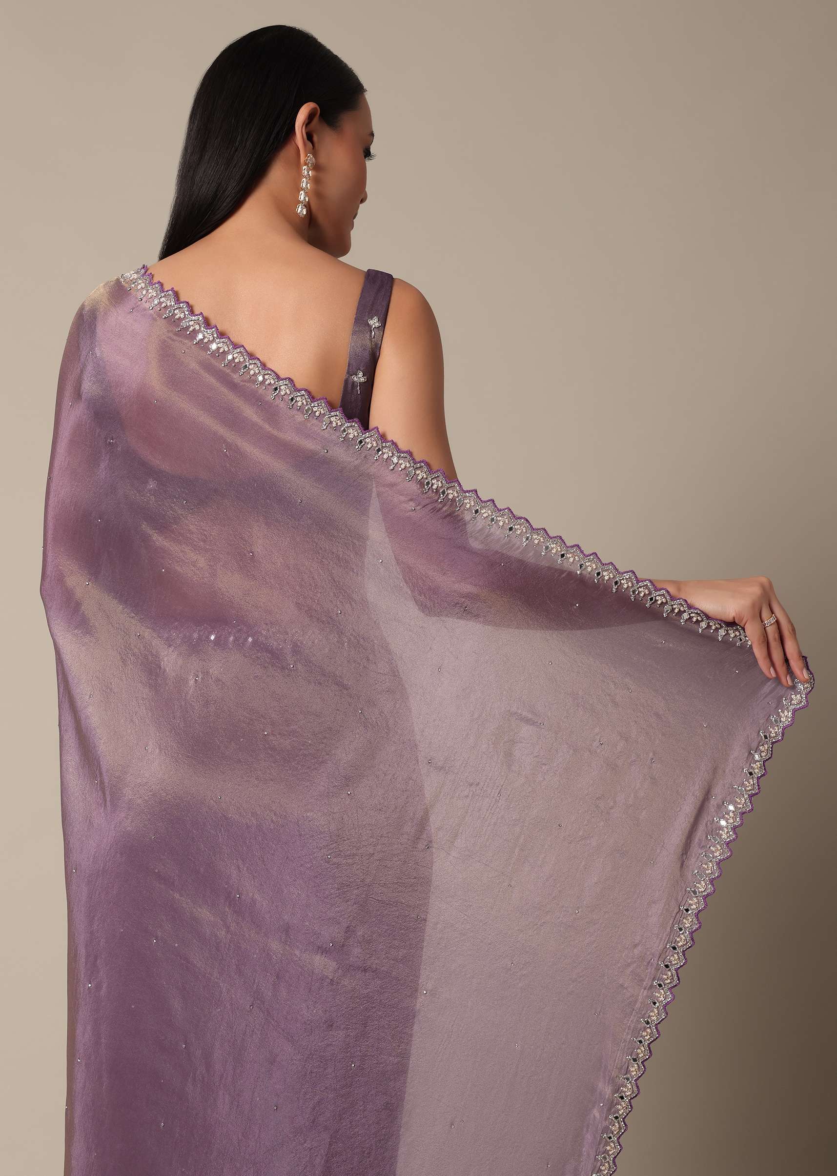Regal Purple Saree With Mirror and Stone Scallop Border - Image 4