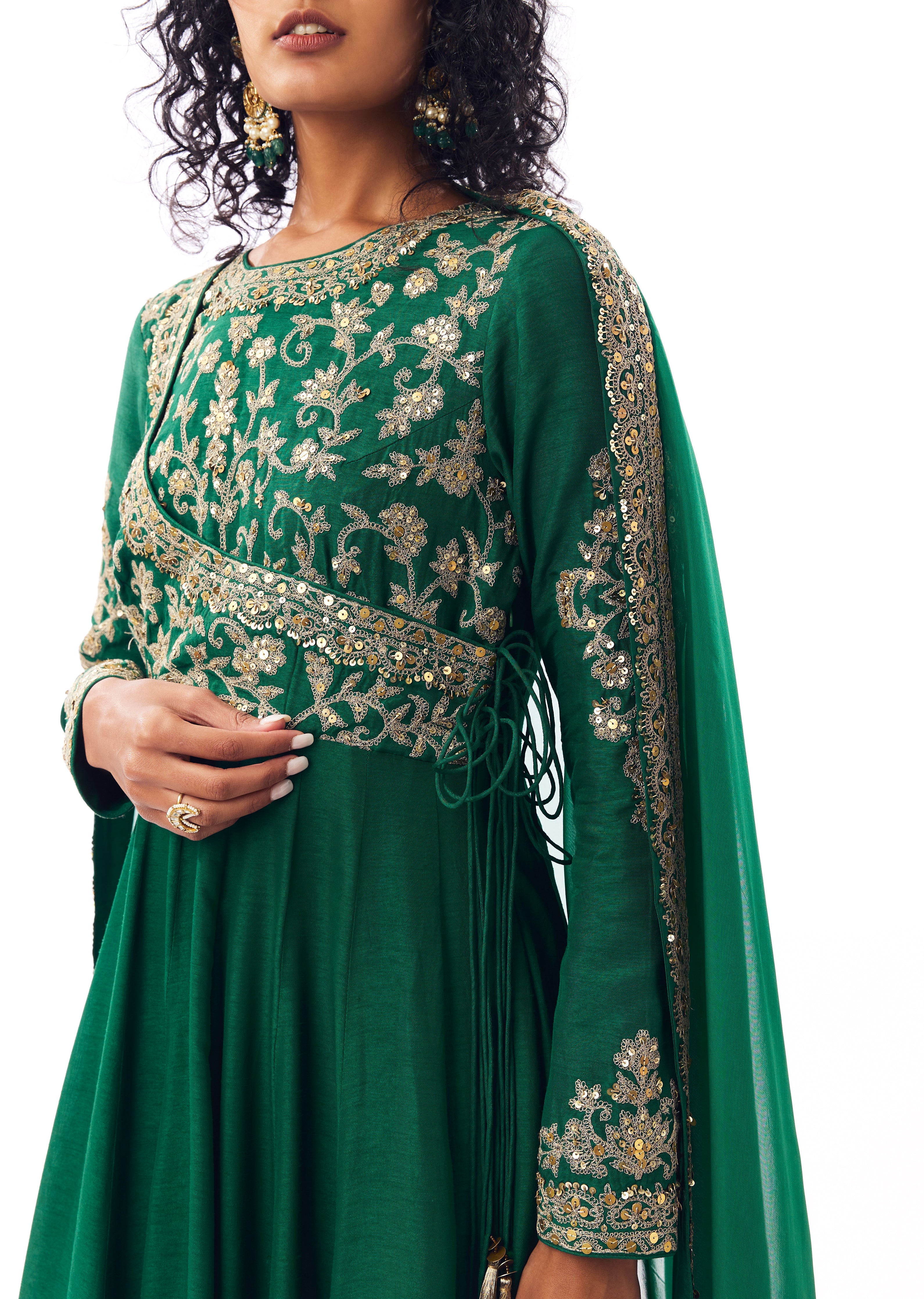 Regal Wedding Couple Set – Green Angarkha Anarkali for Her And Green Silk Thread Work Kurta Set with Dupatta for Him - Image 2