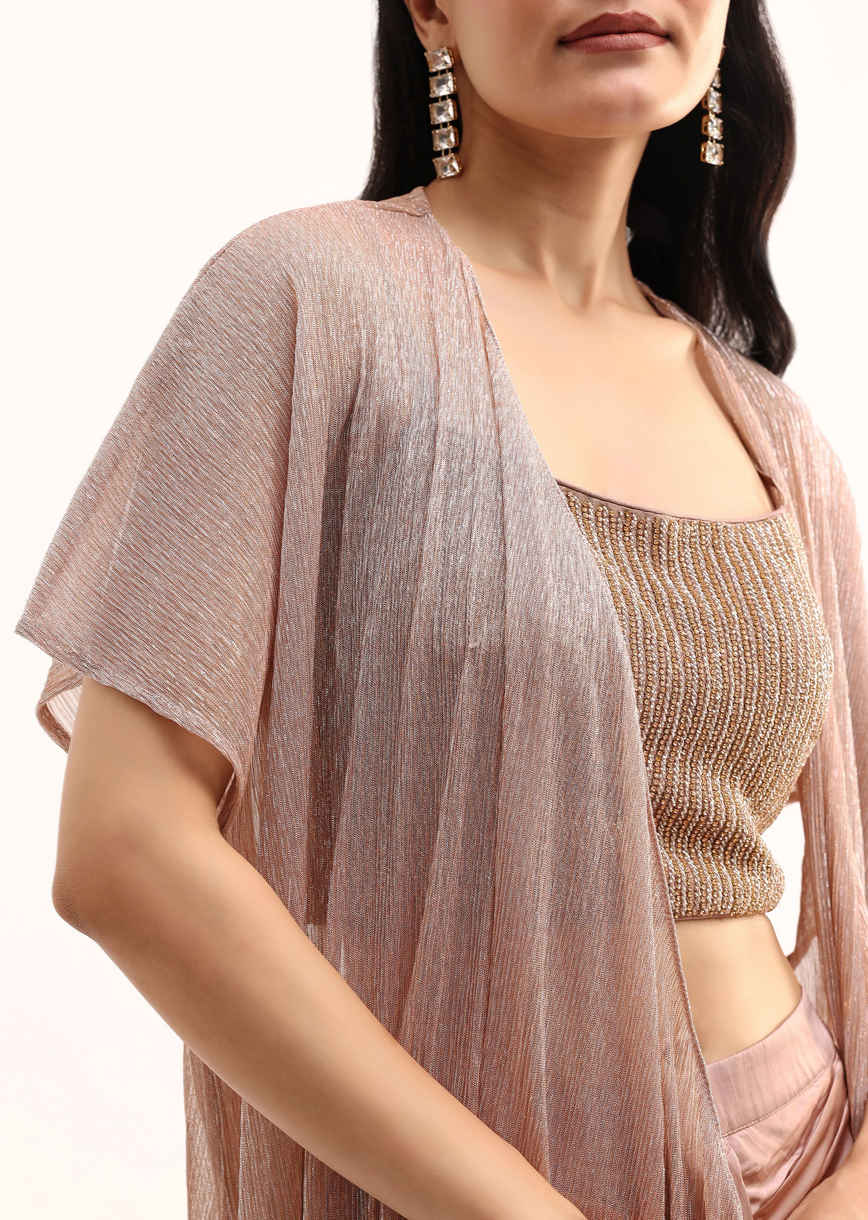 Rose Gold Stone Embroidered Silk Crop Top Set With Jacket - Image 2