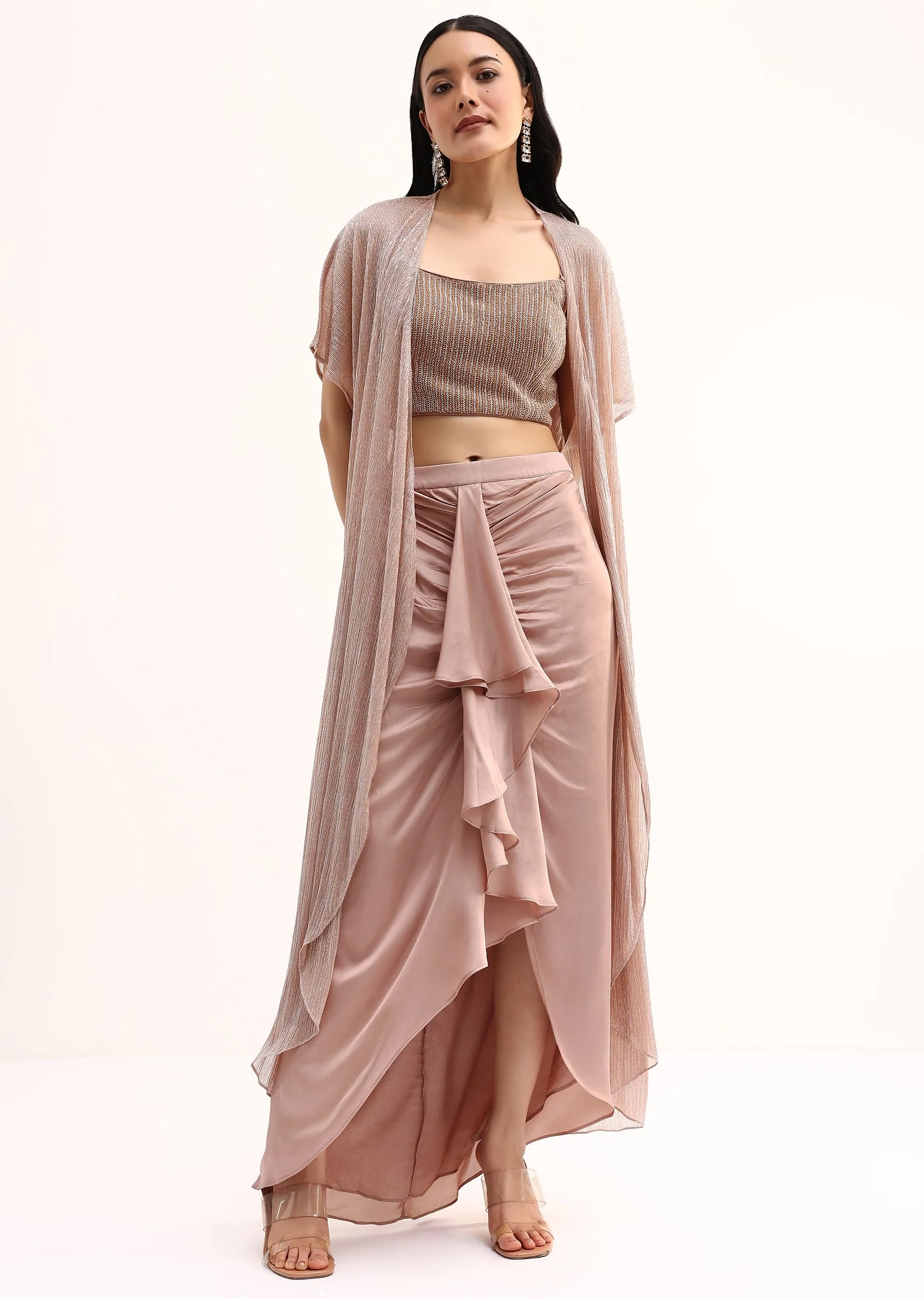 Rose Gold Stone Embroidered Silk Crop Top Set With Jacket - Image 3