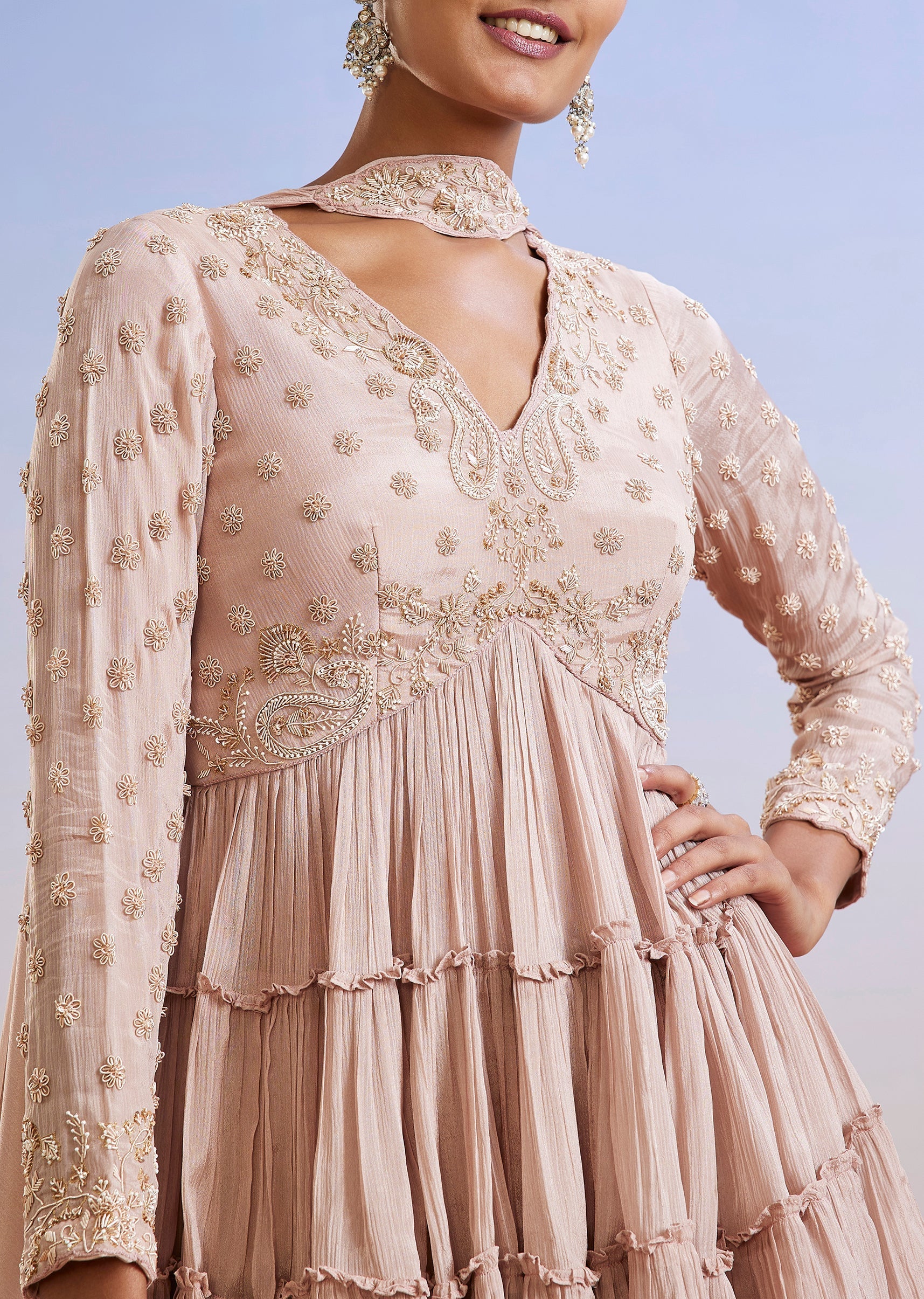 Rose Gold Zardosi Embroidered Chinon Peplum Palazzo Suit With Dupatta - Image 2